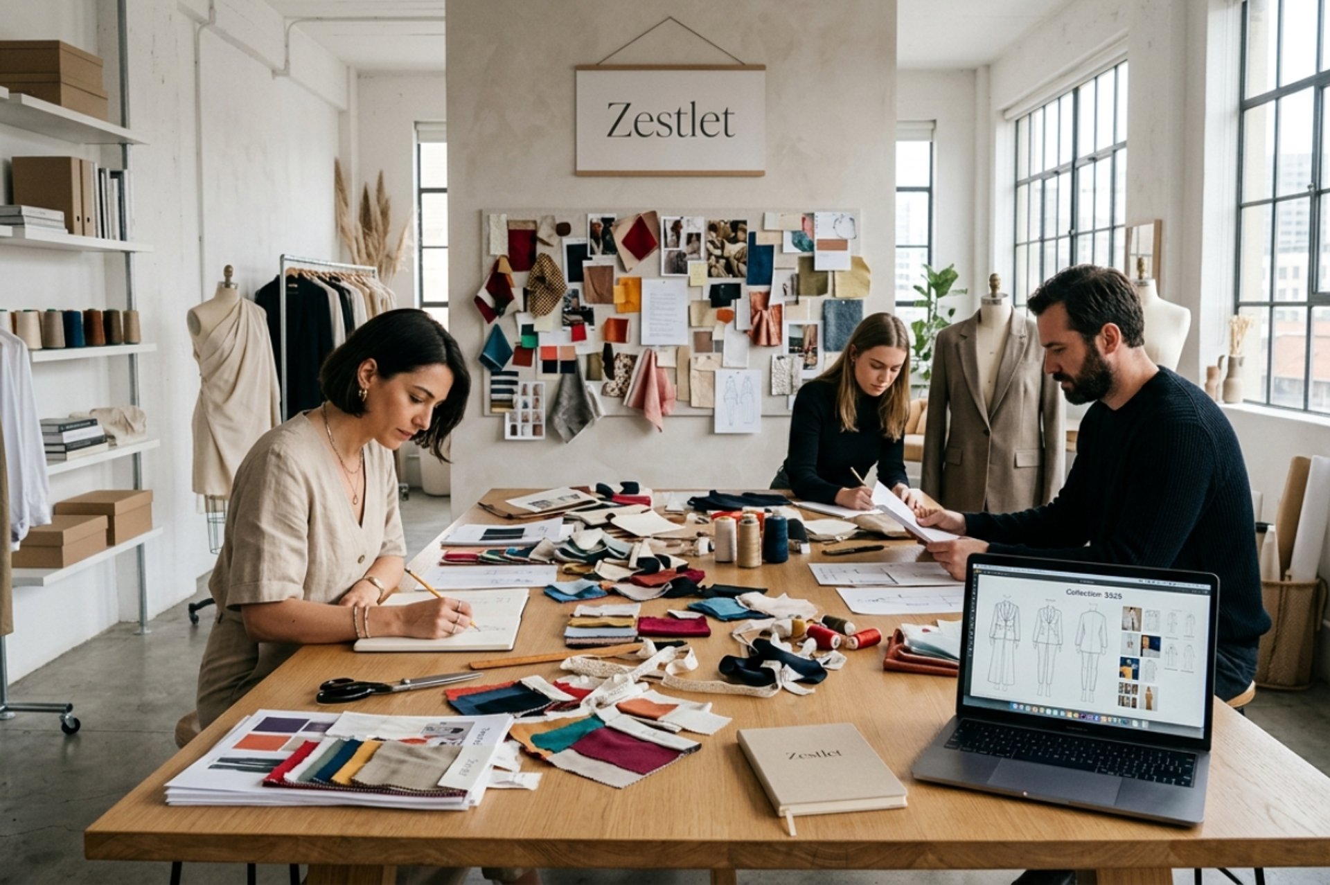 Zestlet fashion design studio with designers, sketches, and fabric swatches in a modern workspace