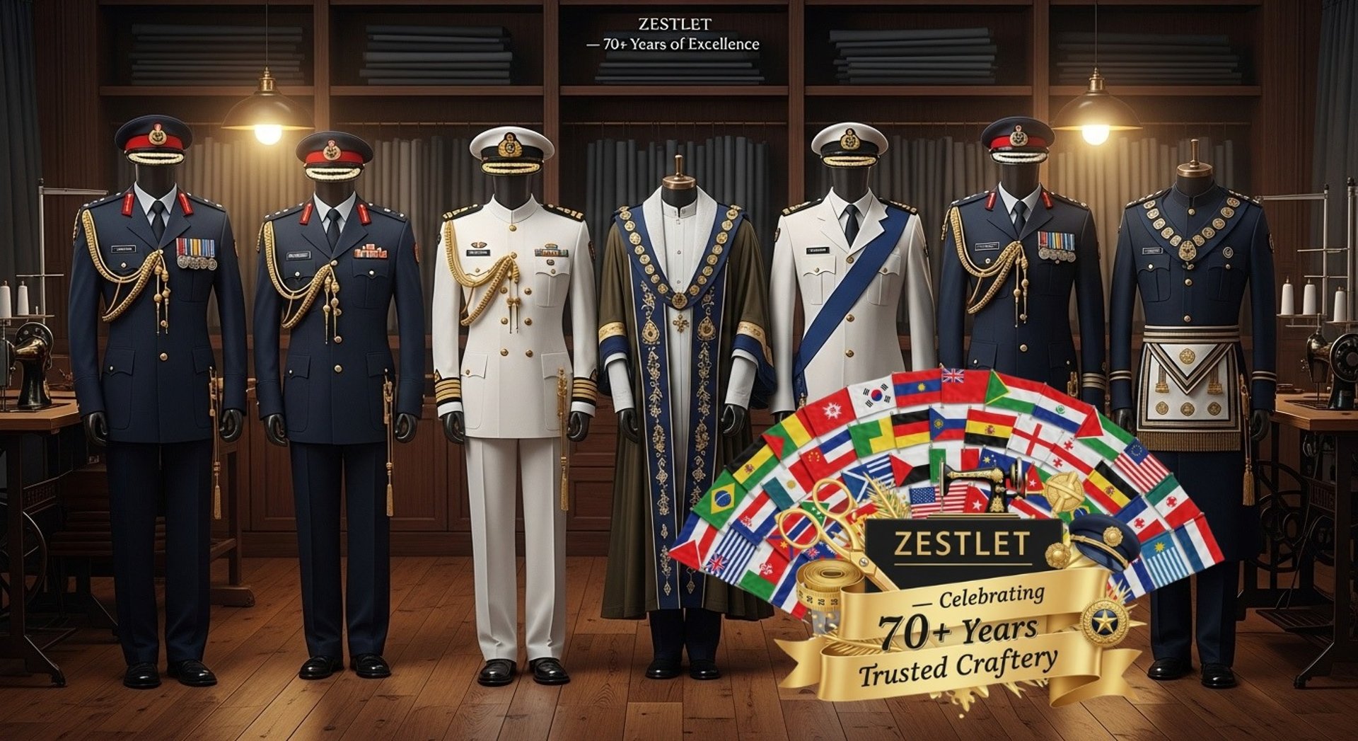 Hero image of ZESTLET showcasing 8 ceremonial and tactical uniforms for army, navy, police, and religious regalia, surrounded