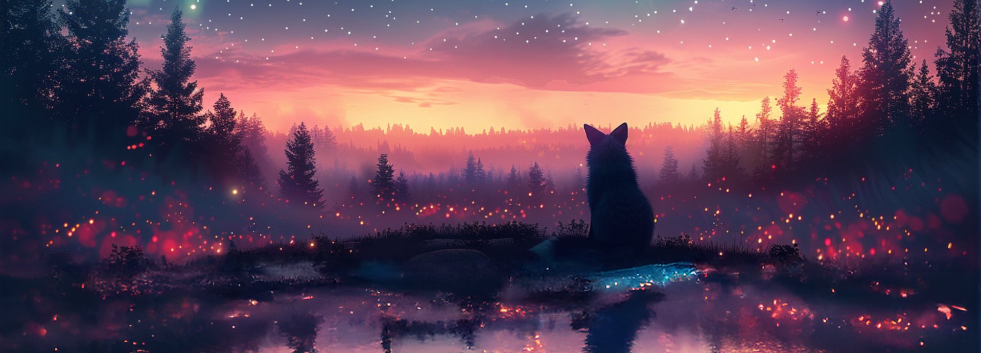 Sunset at mystical lake. Stardust is flying and the sky is shaded in yellow, pink, purples and blues