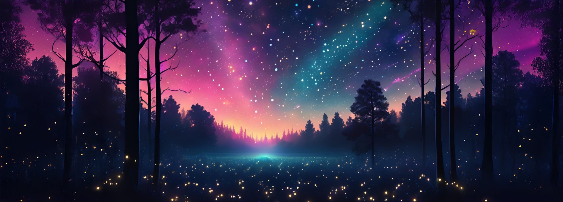 Sunset at mystical lake. Stardust is flying and the sky is shaded in yellow, pink, purples and blues