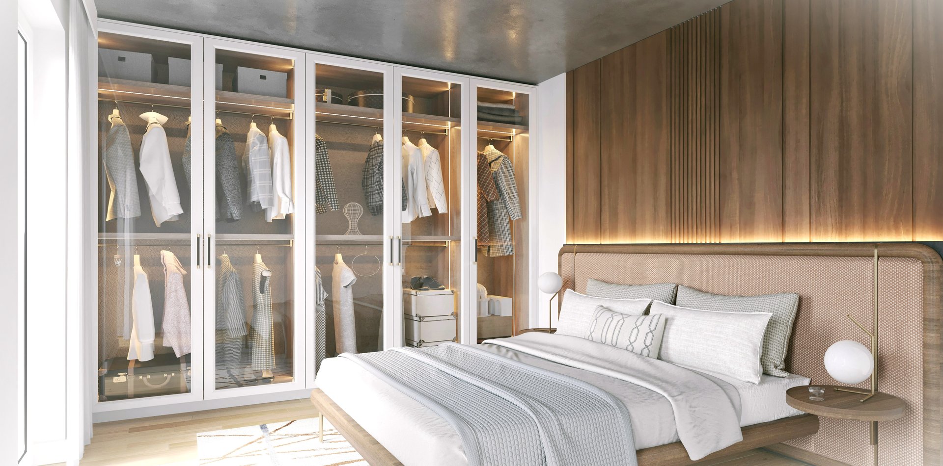 a bedroom with a bed and a closet