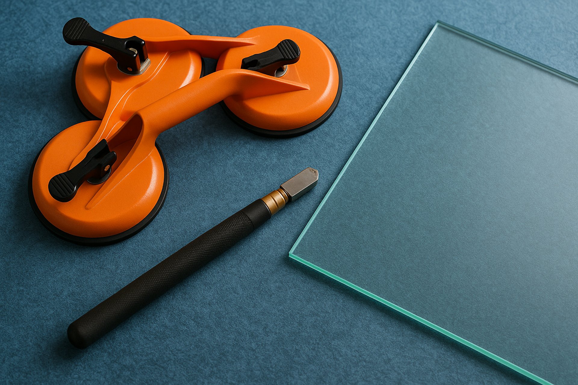 Close-up of glass-working tools, including an orange suction cup lifter, a glass scoring tool, and a sheet of glass on a gray