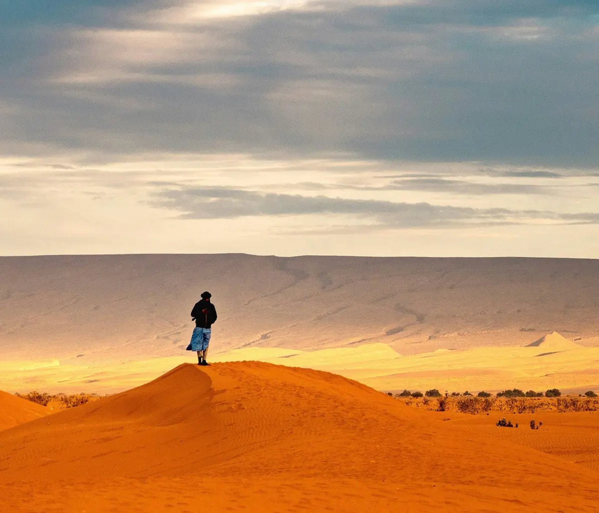 a lone person standing on top of a sand dune