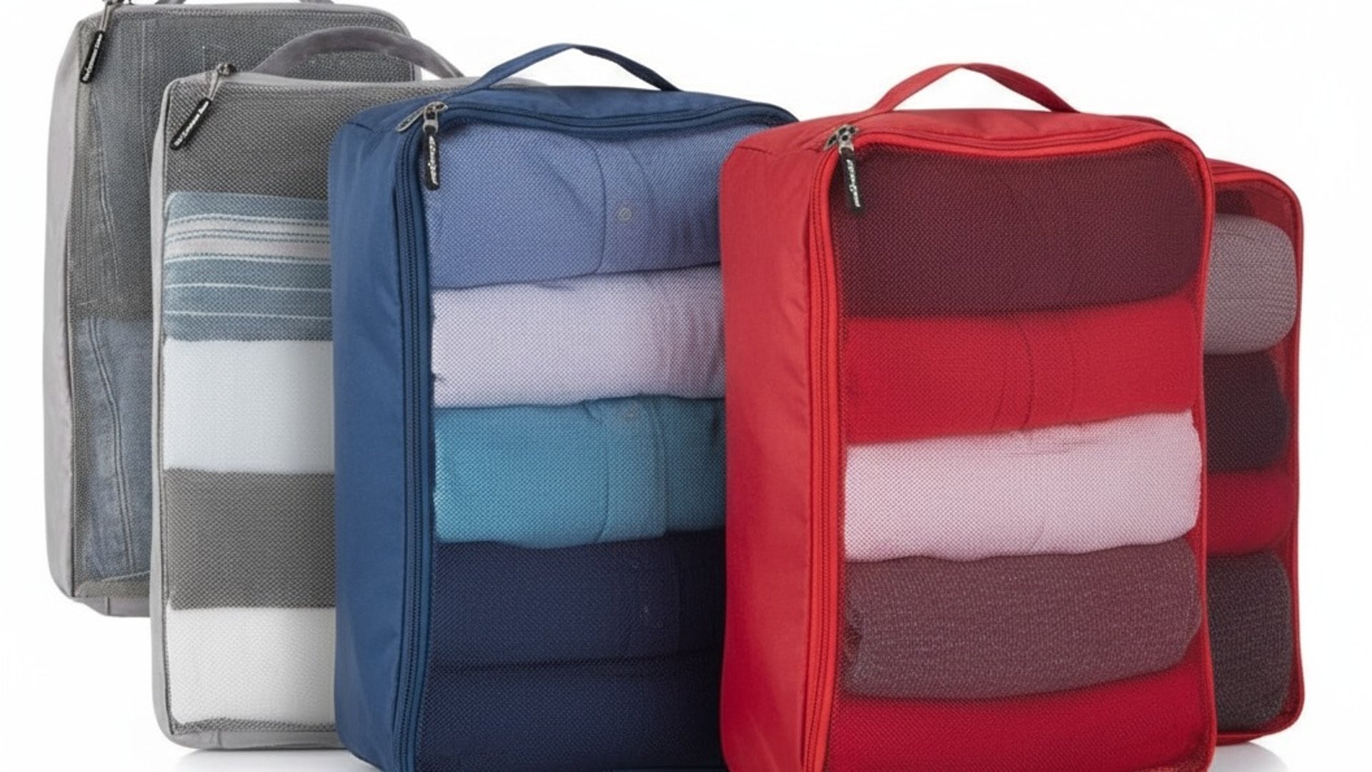 Set of mesh packing cubes—gray, blue, and red—upright with zippers and carry handles, each filled with neatly folded clothing