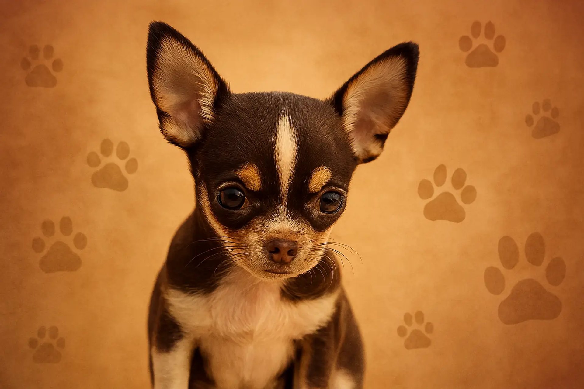 Chihuahua puppy from Guys Cajun Paws, nestled in a warm, paw-printed backdrop that reflects South Louisiana charm.