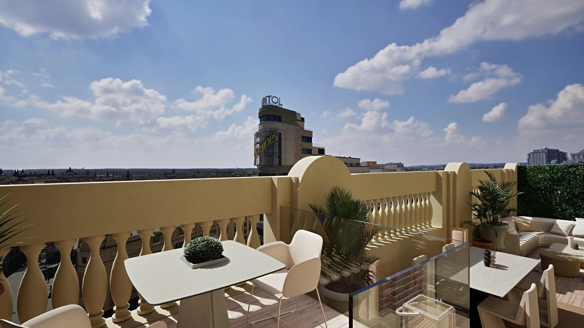 an abstract photo of a curved building with a blue sky in the background