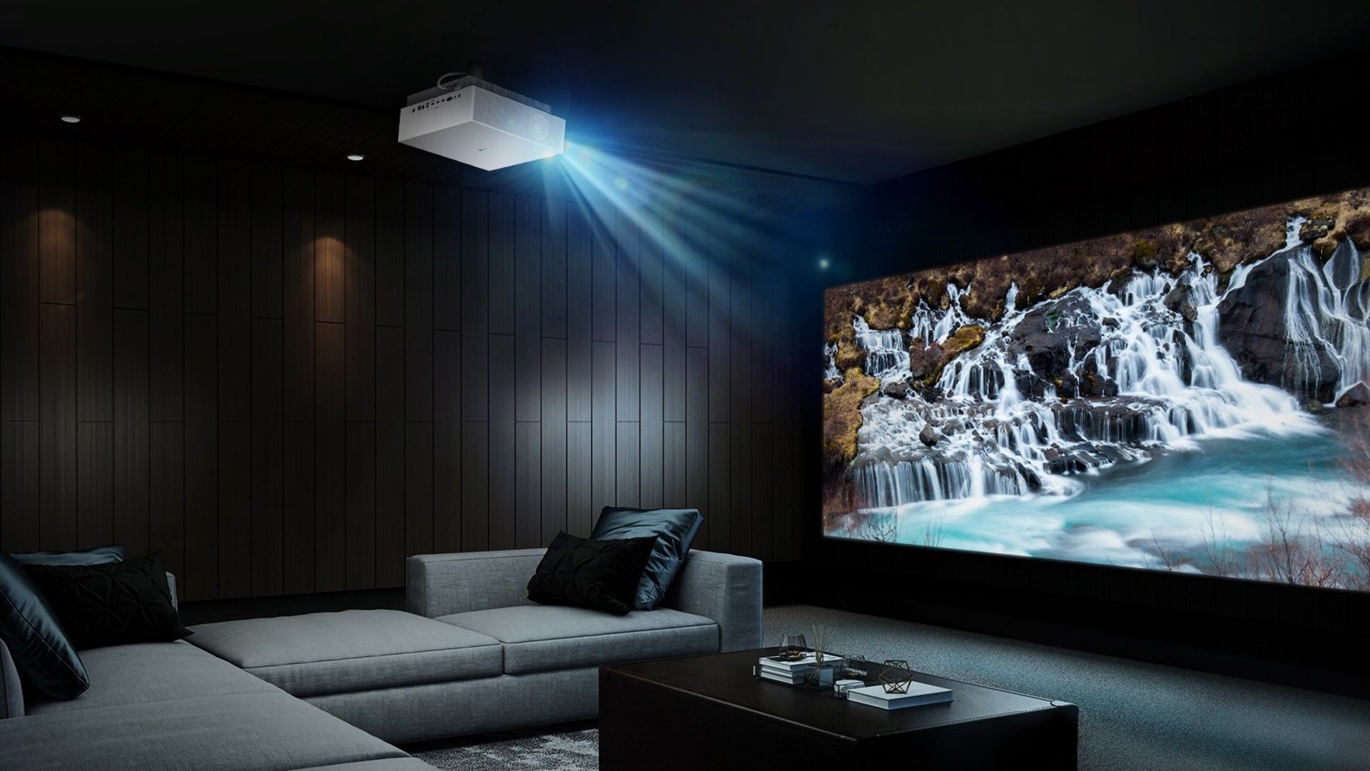 a living room with a large projection screen