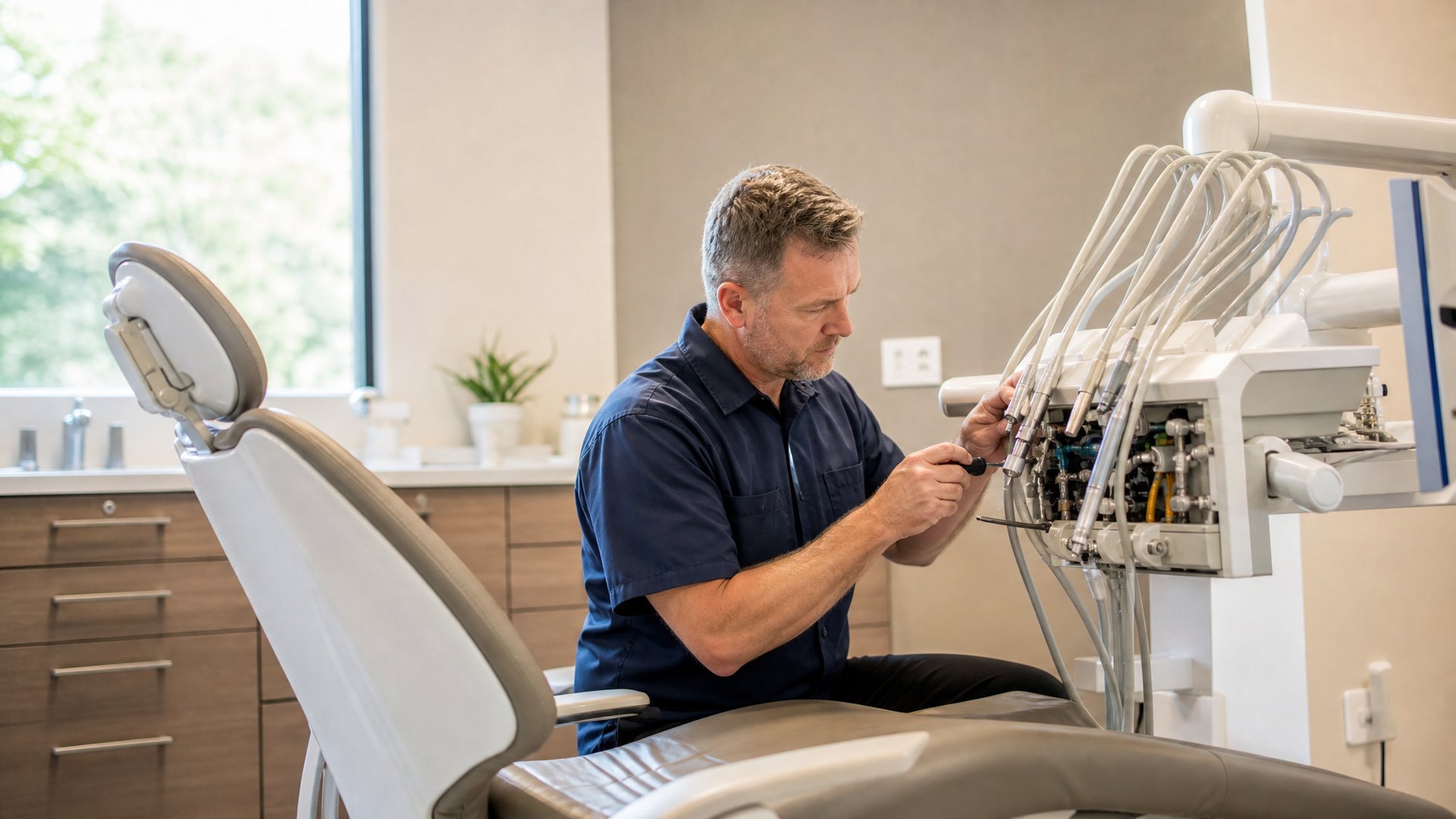 Dental equipment technician inspecting a dental chair delivery unit in a clean operatory