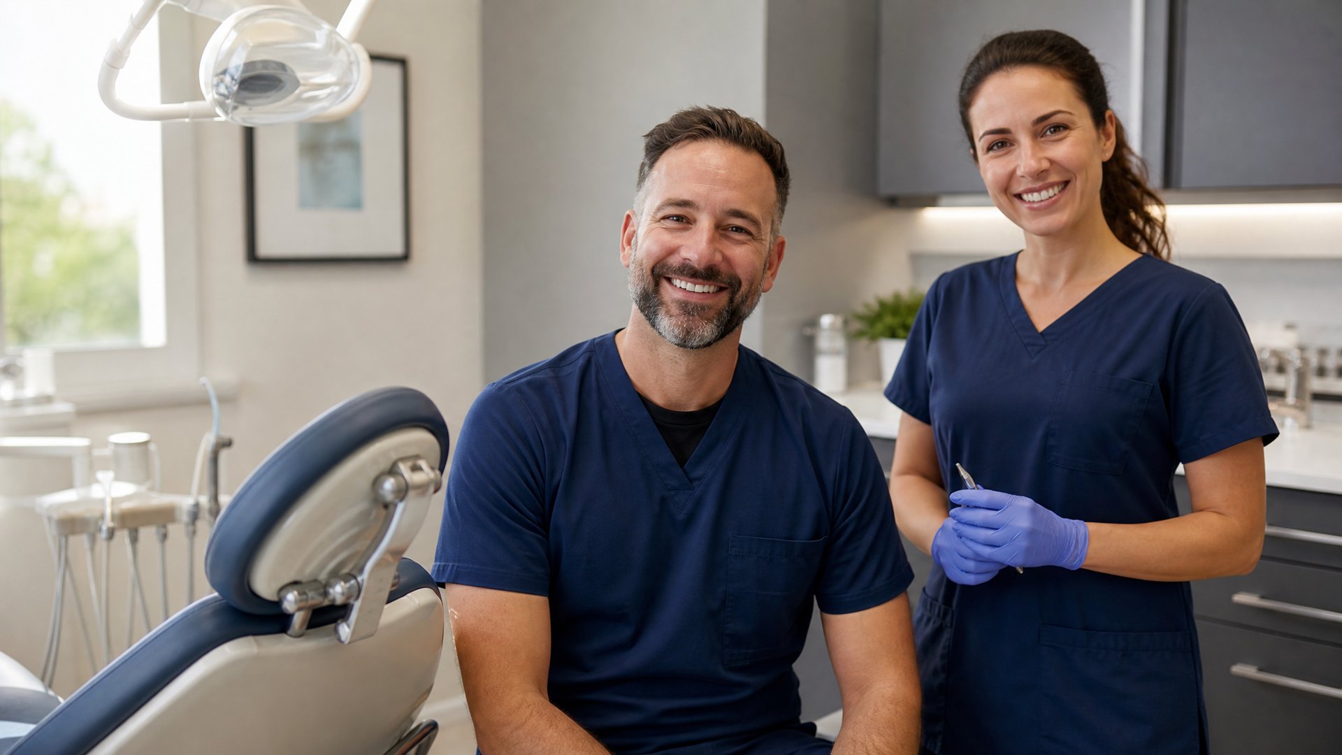 Happy dental office team in a clean modern operatory