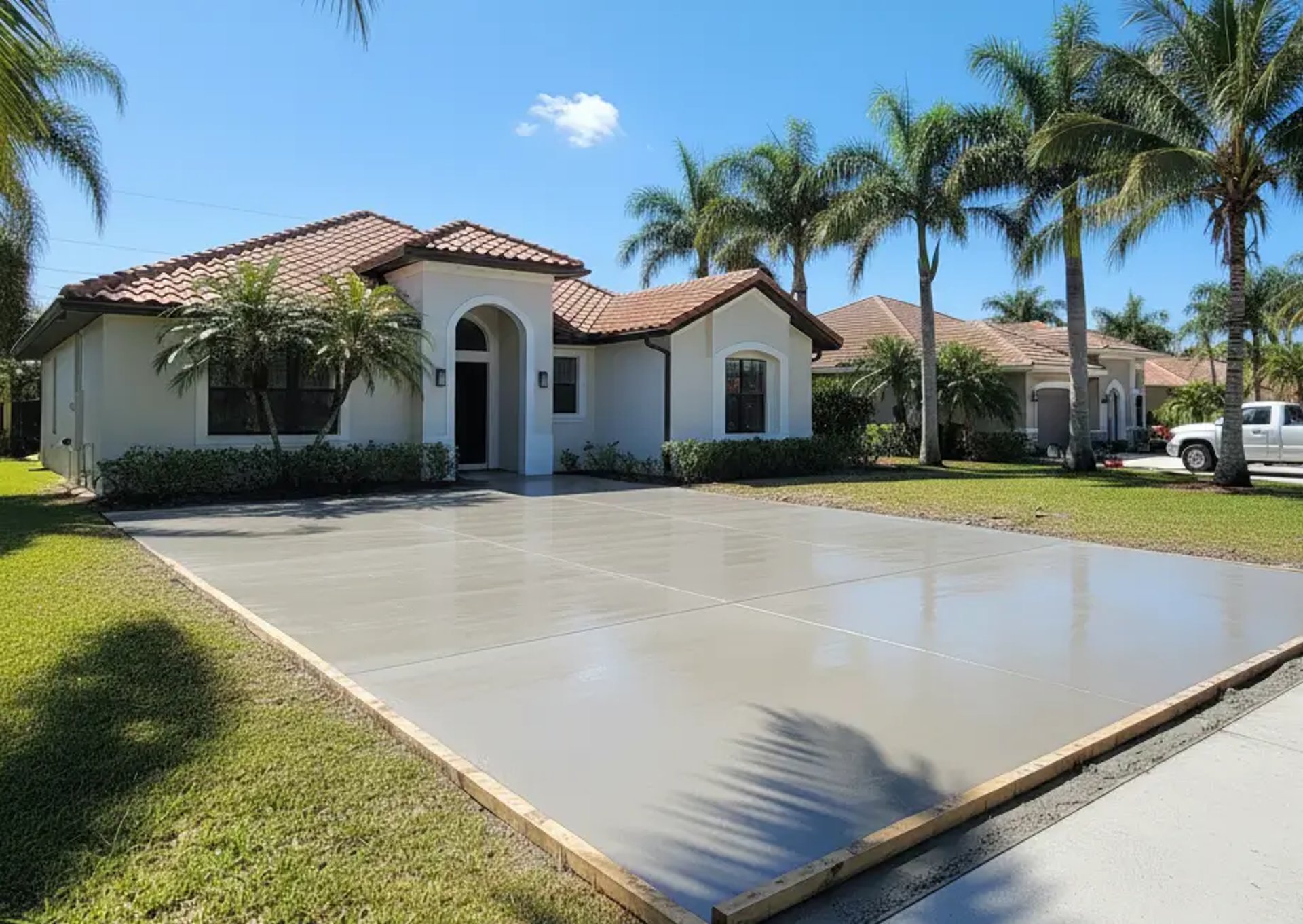 Freshly poured smooth concrete driveway in front of a single-family Florida home, palm trees and blue sky in the background