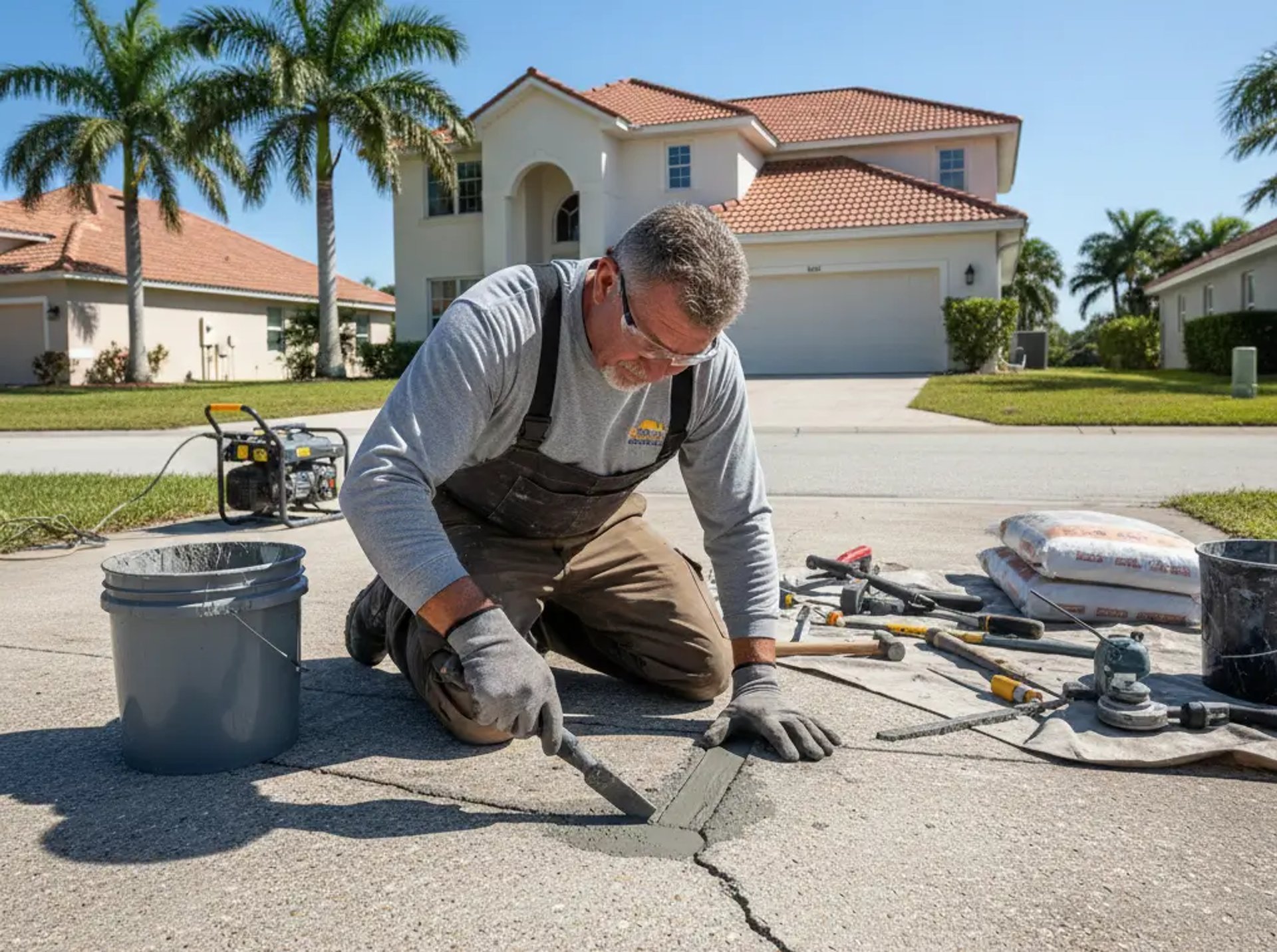Expert concrete worker fixing damaged driveway cracks, outdoor Florida residential