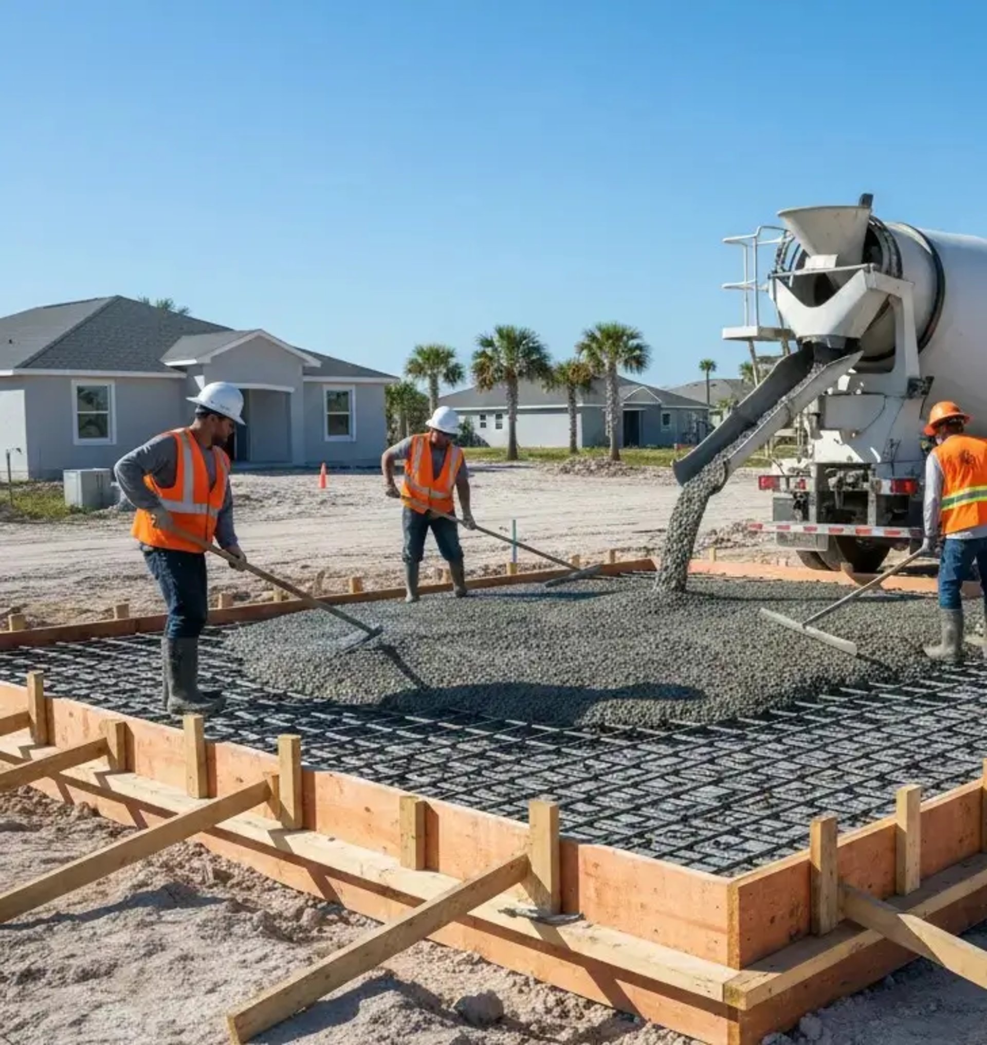 workers in orange safety gear spreading and leveling concrete with long tools in Florida residential construction site