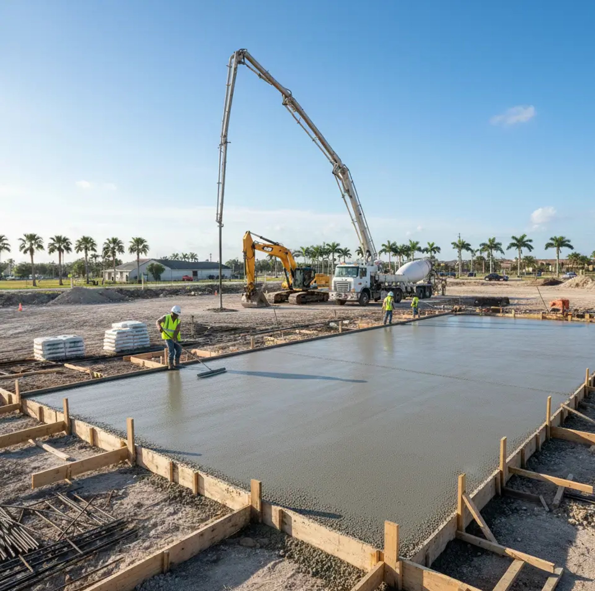 Men working on a freshly poured concrete driveway