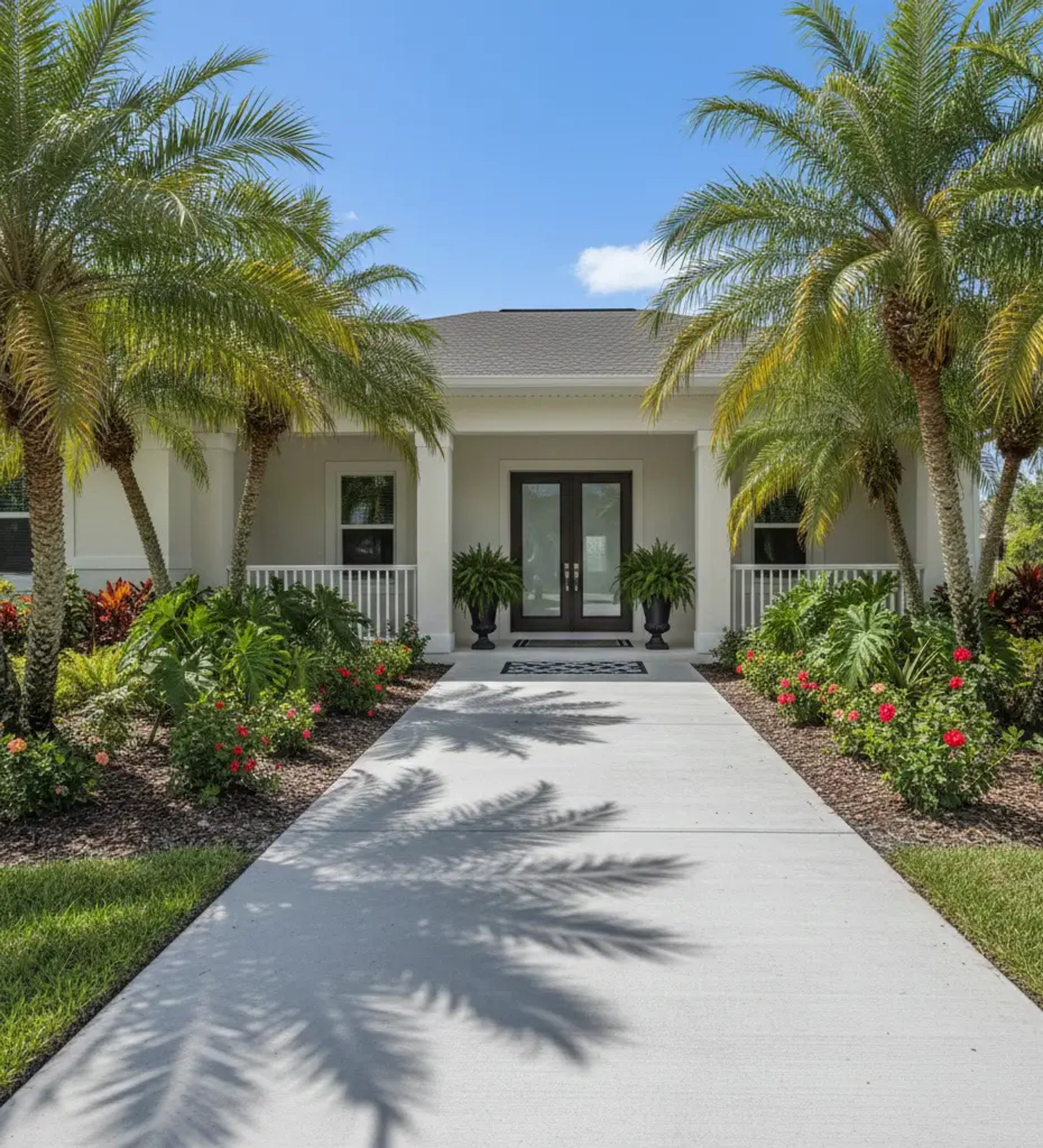 A beautiful, freshly installed concrete walkway leading to a modern Florida home entrance,