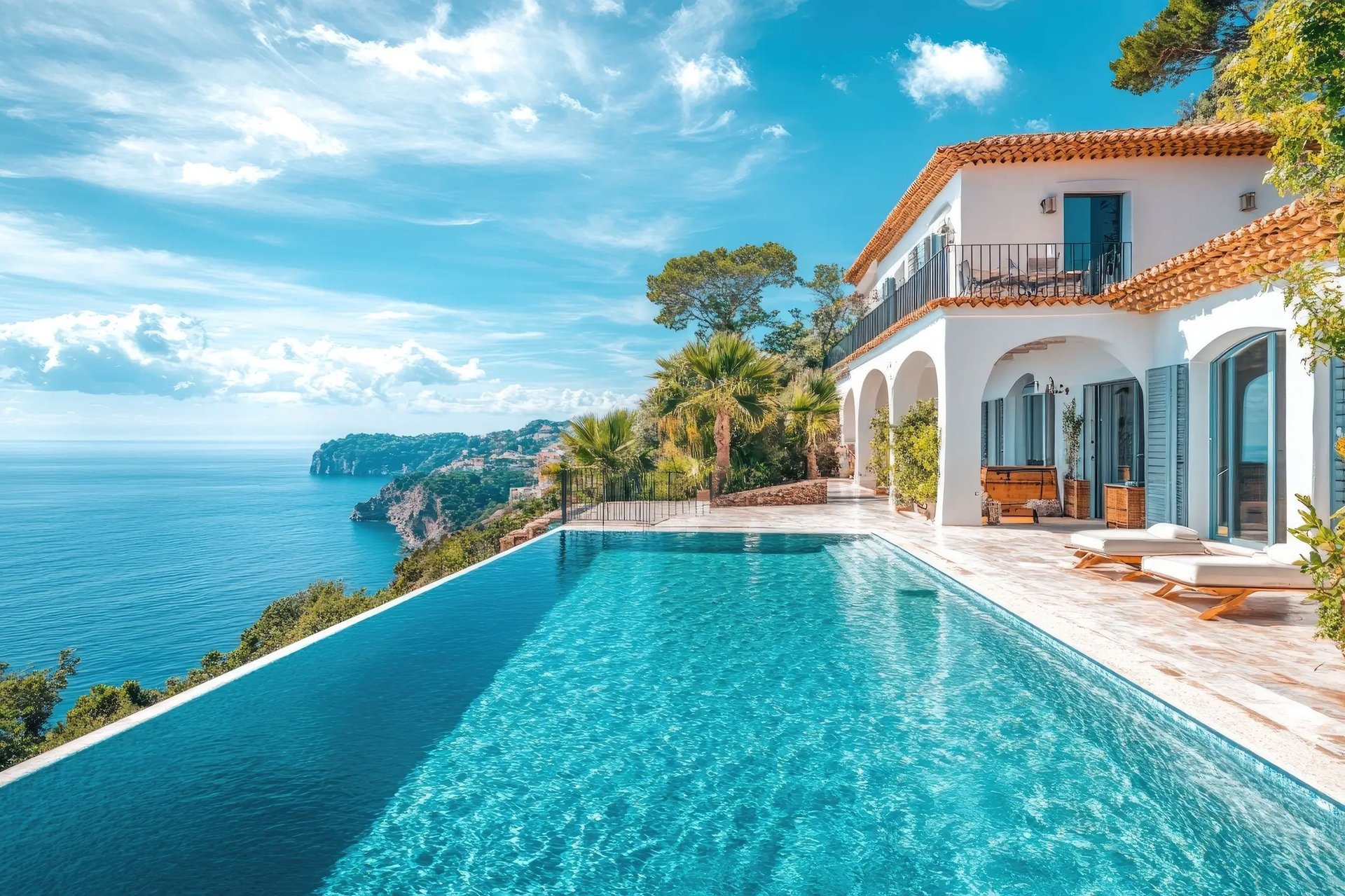 Holiday Villa in Spain with Swimming Pool and Blue Sky overlooking the Mediterranean