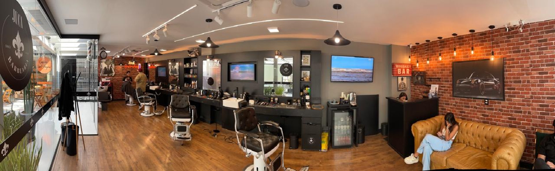 salon interior with lighted pendant lamps