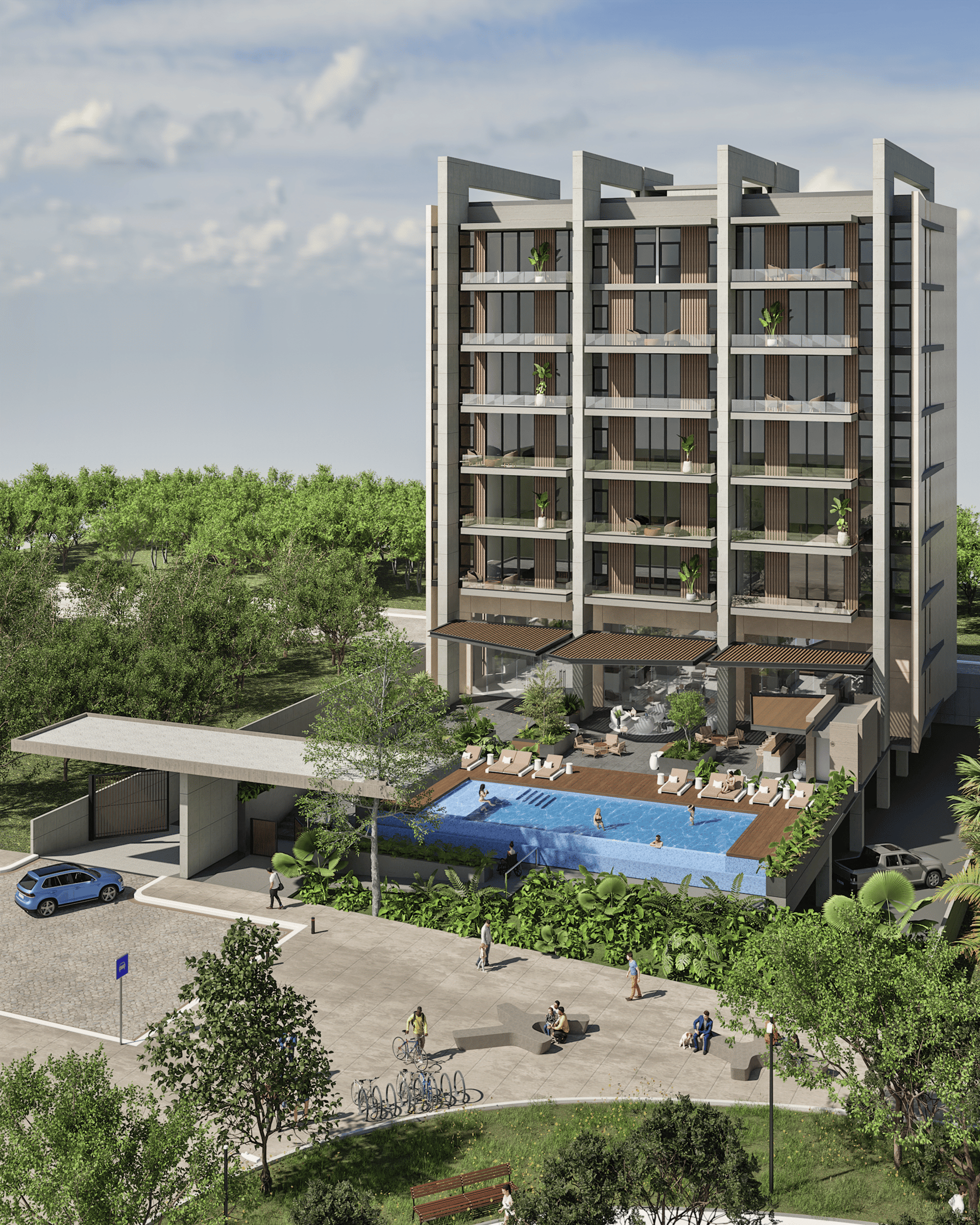 an abstract photo of a curved building with a blue sky in the background