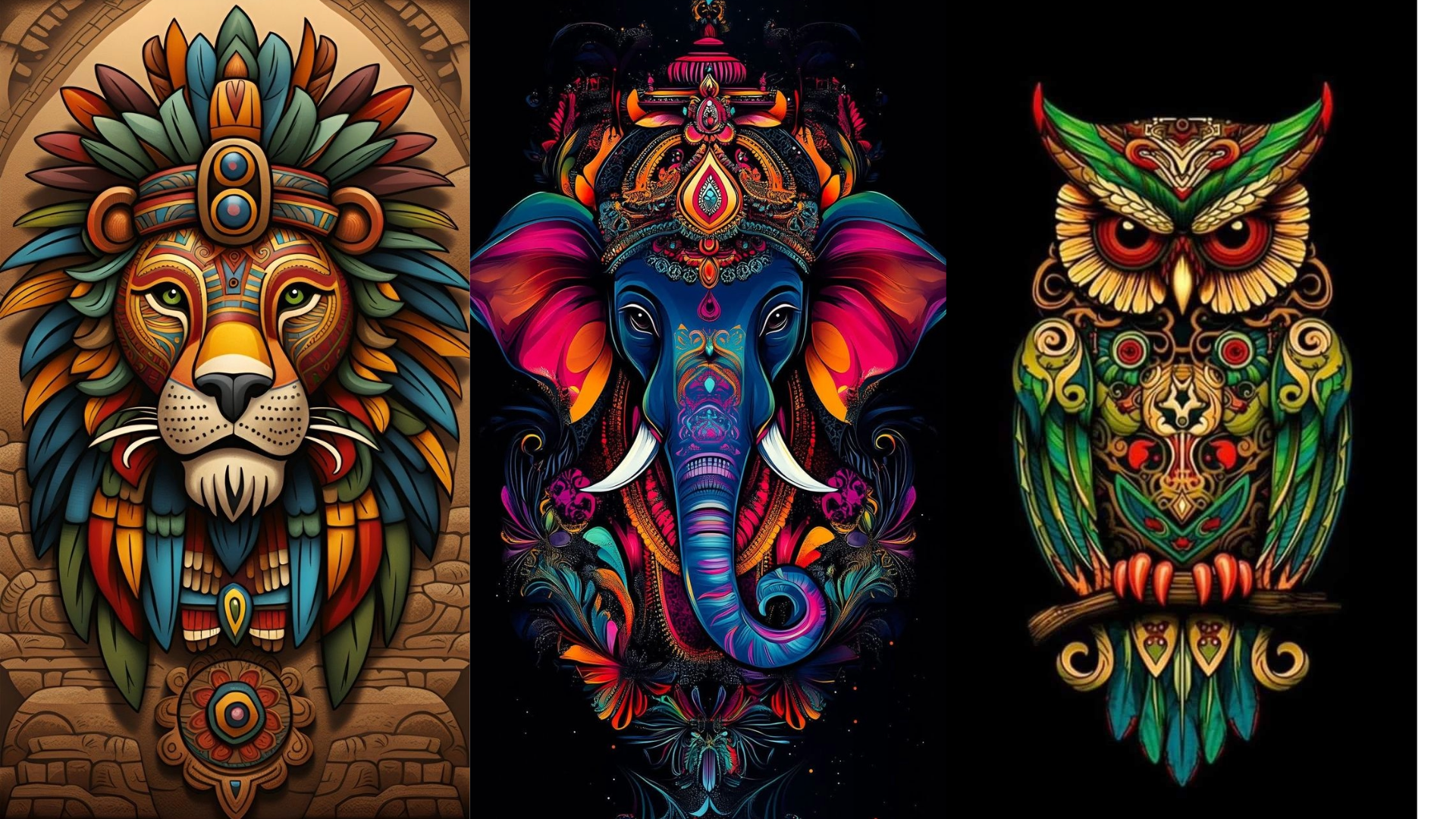 Colorful tribal-style illustrations of a lion, an elephant adorned with a royal crown, and an owl perched on a branch, each d