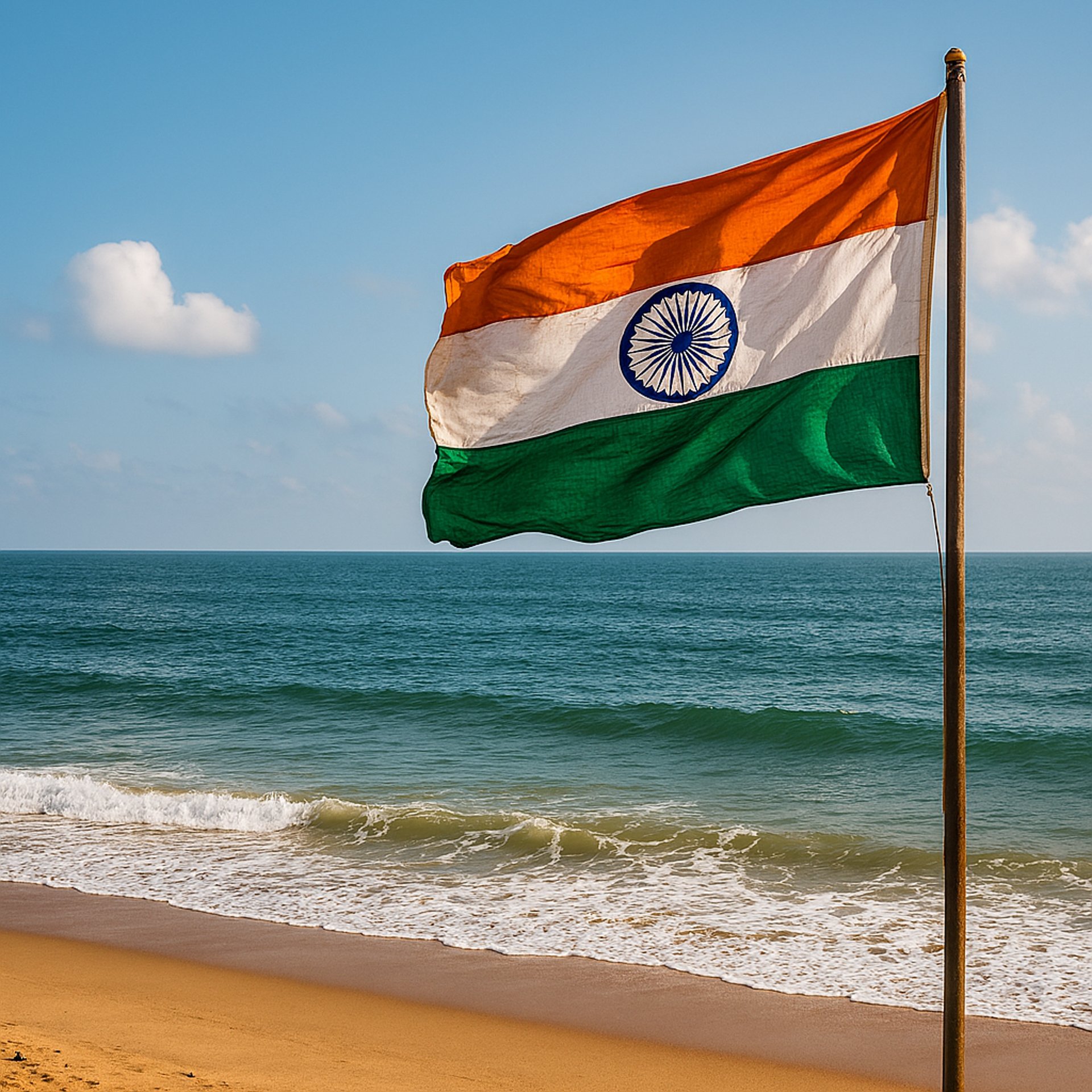 a large italian flag flying over a beach filled with umbrellas