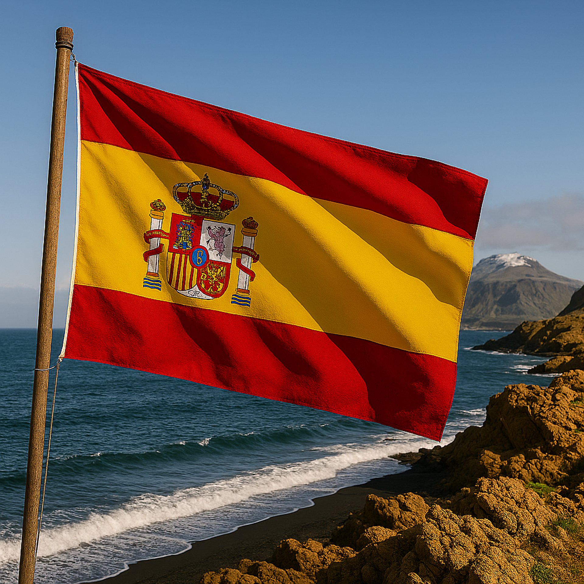 a flag on a pole next to a body of water