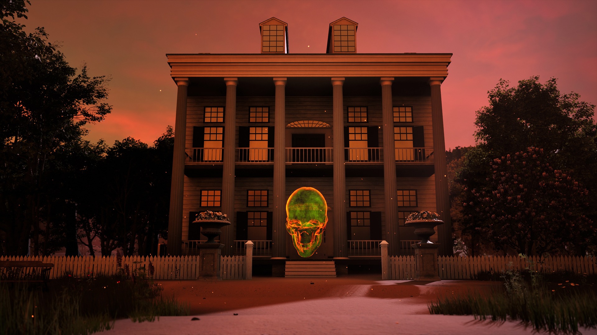 Coded Black gameplay screenshot showing the front of a white plantation house and a glowing green skull.