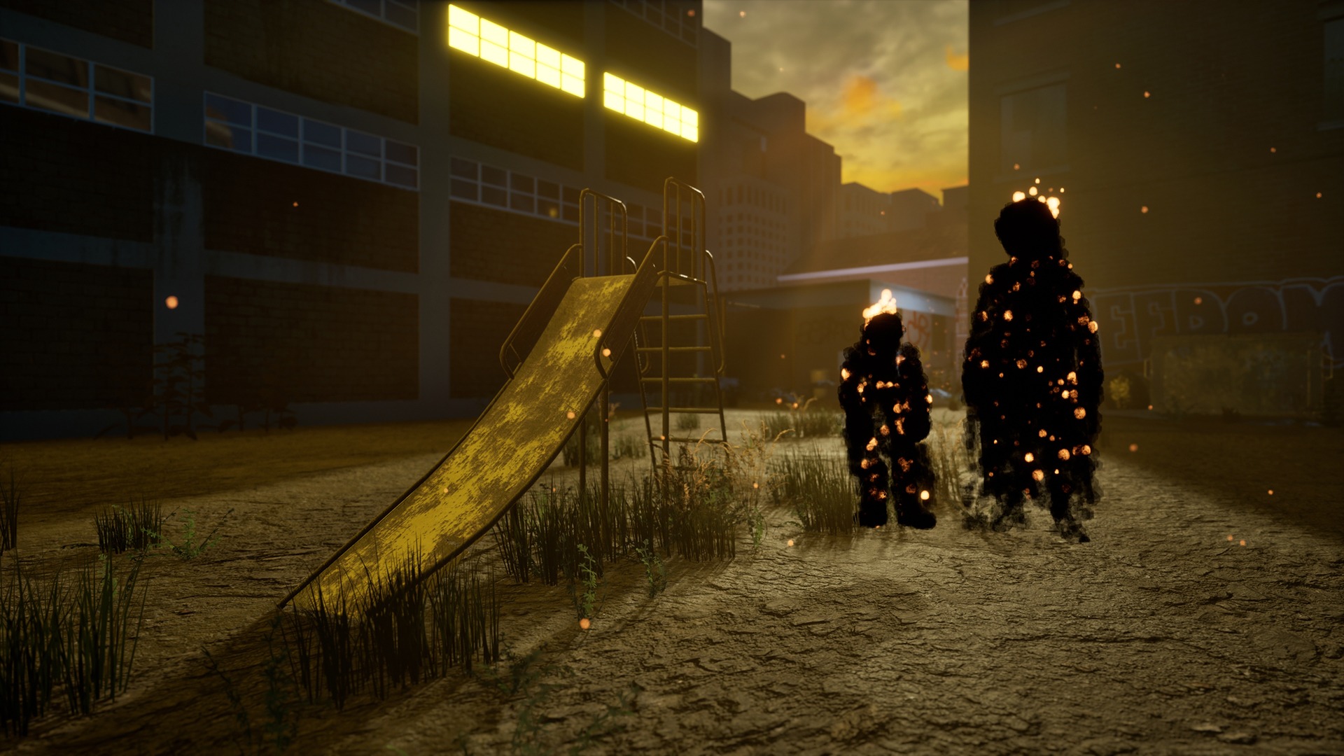 Coded Black gameplay screenshot showing a city park with a slide and two burning figures, a parent and child.