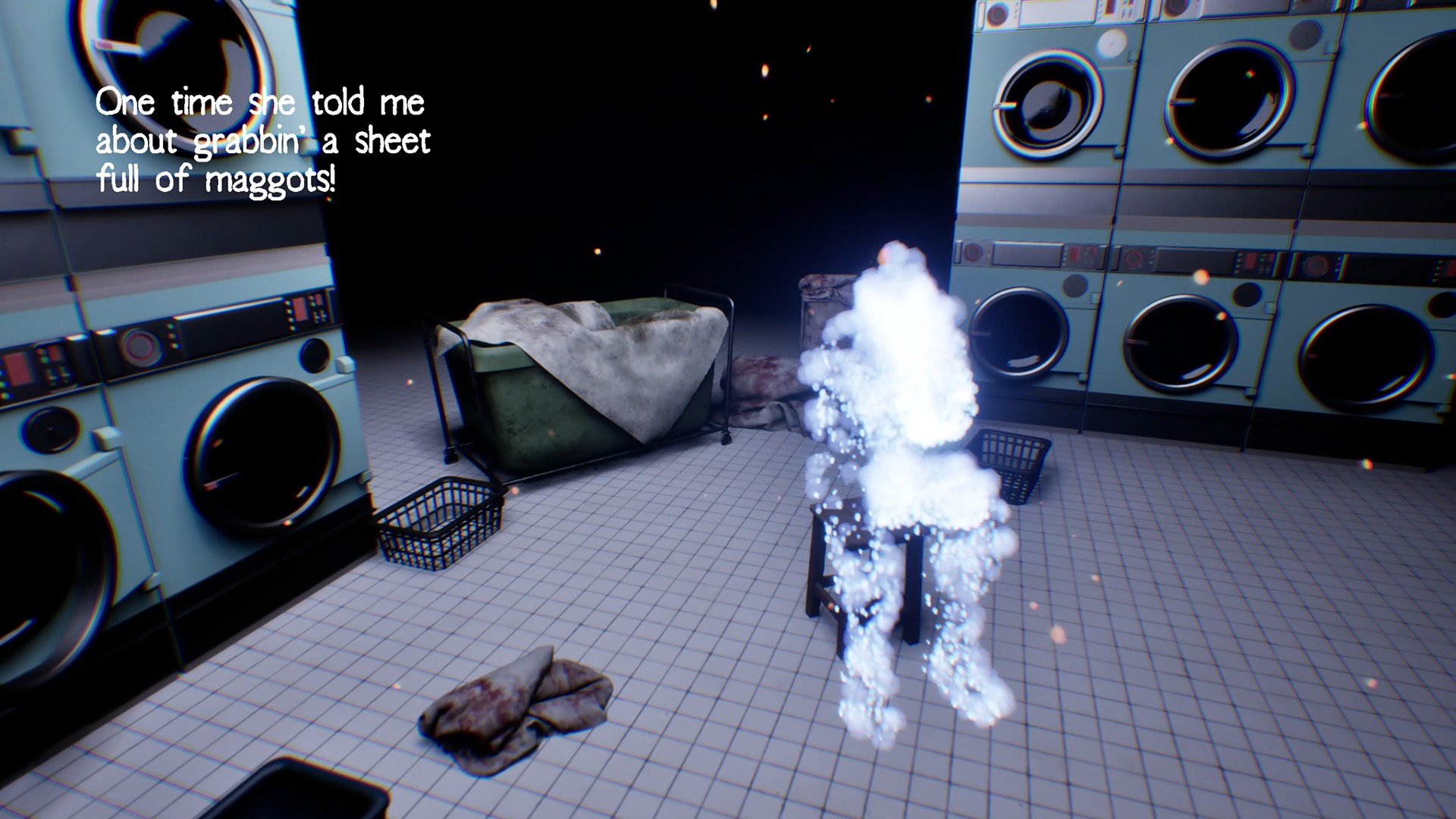 Coded Black gameplay screenshot showing inside a laundromat with a glowing figure sat in the middle.