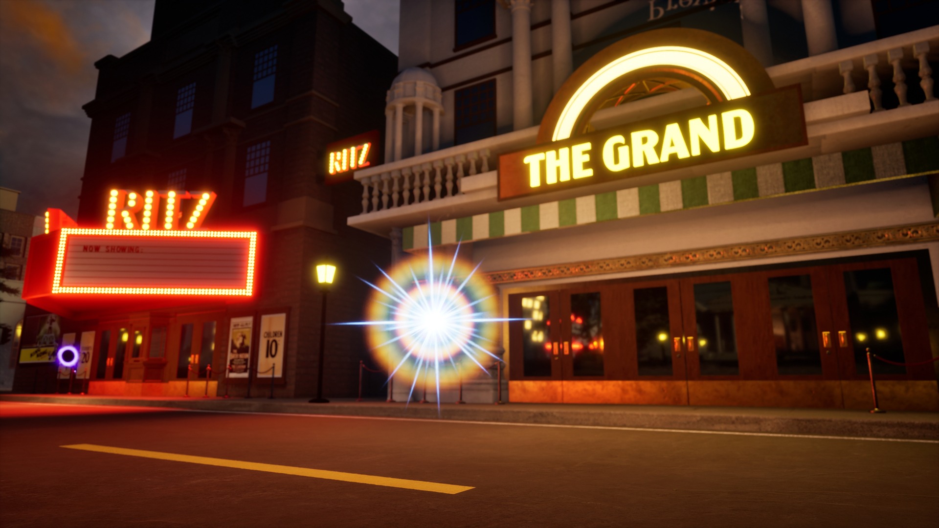 Coded Black gameplay screenshot showing the theatre quarter of a city with the Grand theatre and the Ritz, with a glowing orb
