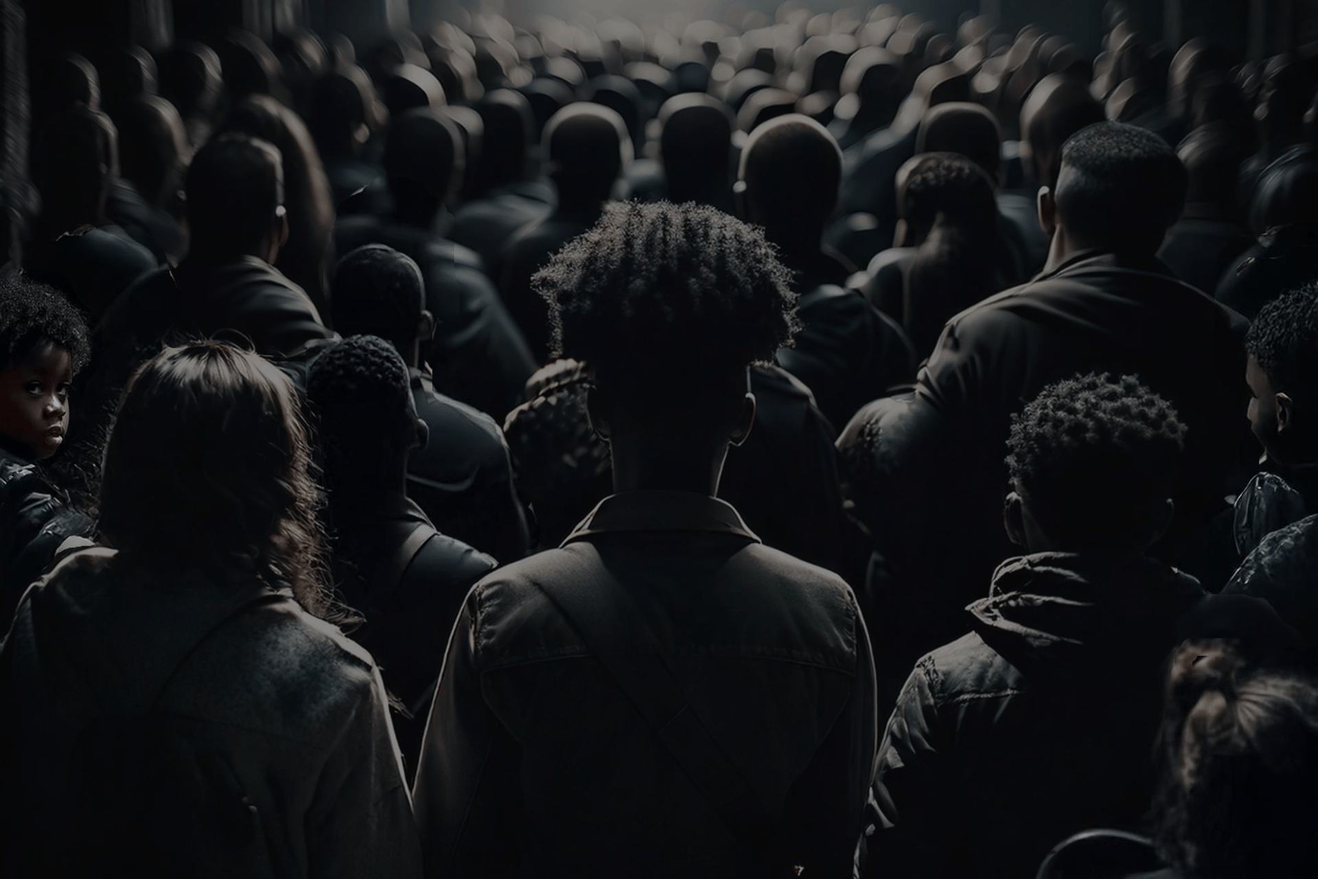 The back of a group of Black people with one child looking back and everyone else looking forward
