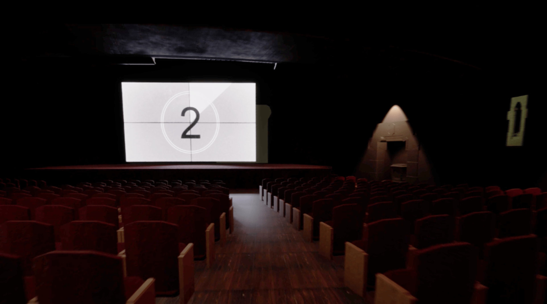 Coded Black gameplay screenshot showing a dark movie theatre with the film about to start.