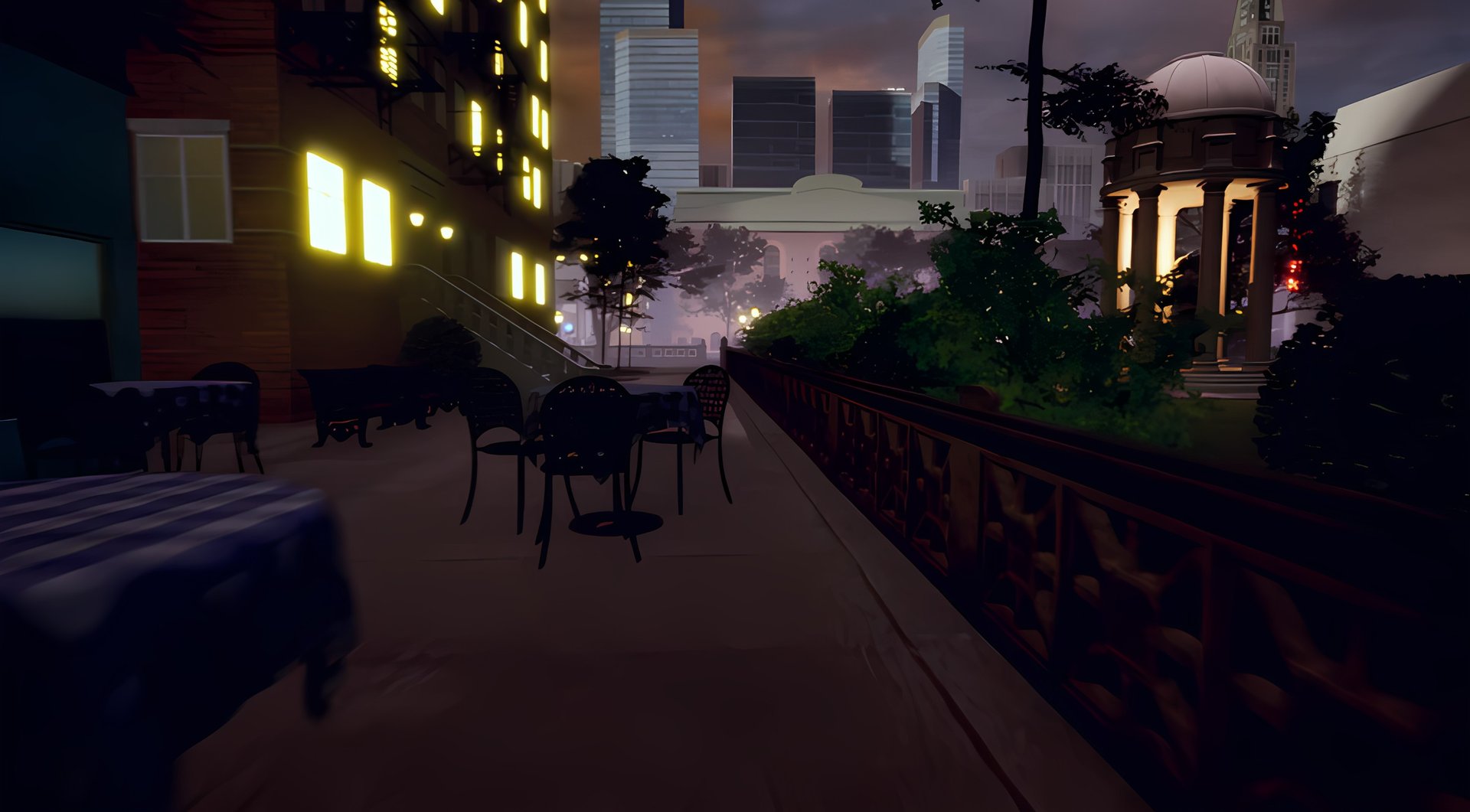 Coded Black gameplay screenshot showing a city at night with a park and tables outside a restaurant.
