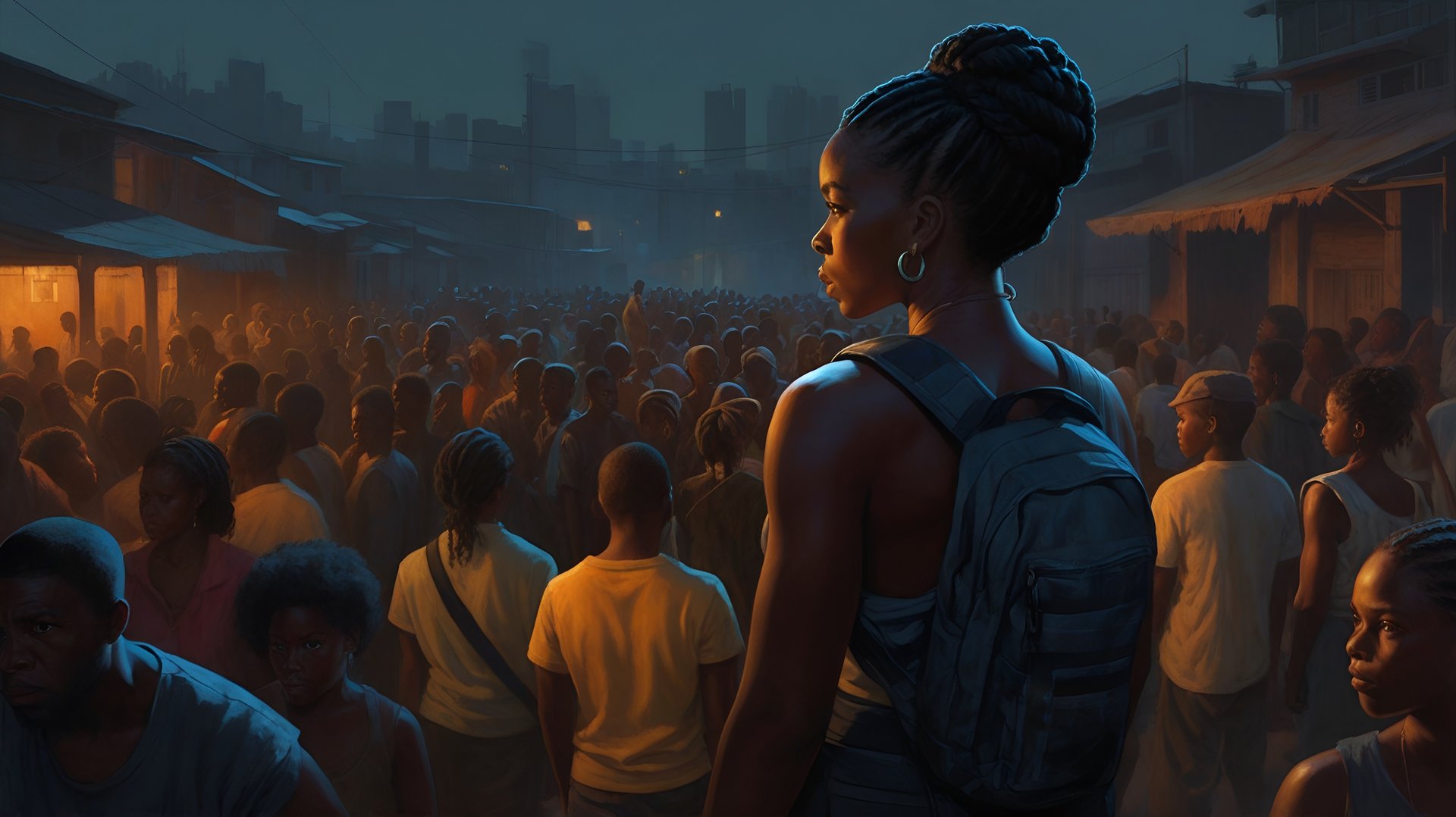 Group of Black people filling the streets with a Black woman wearing a backpack.