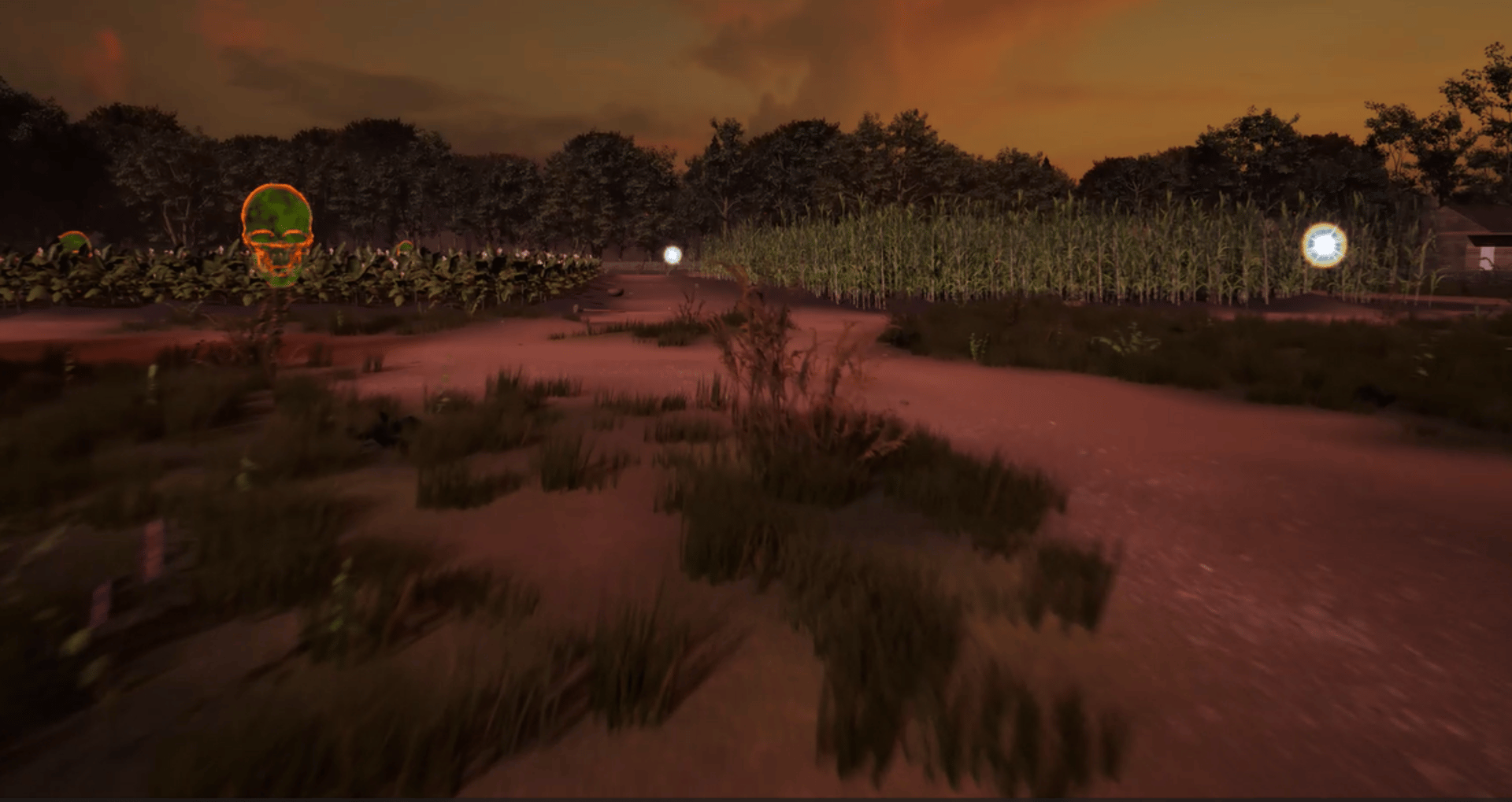 Coded Black gameplay screenshot showing a plantation scene with crops, glowing balls of light and a glowing green skull.