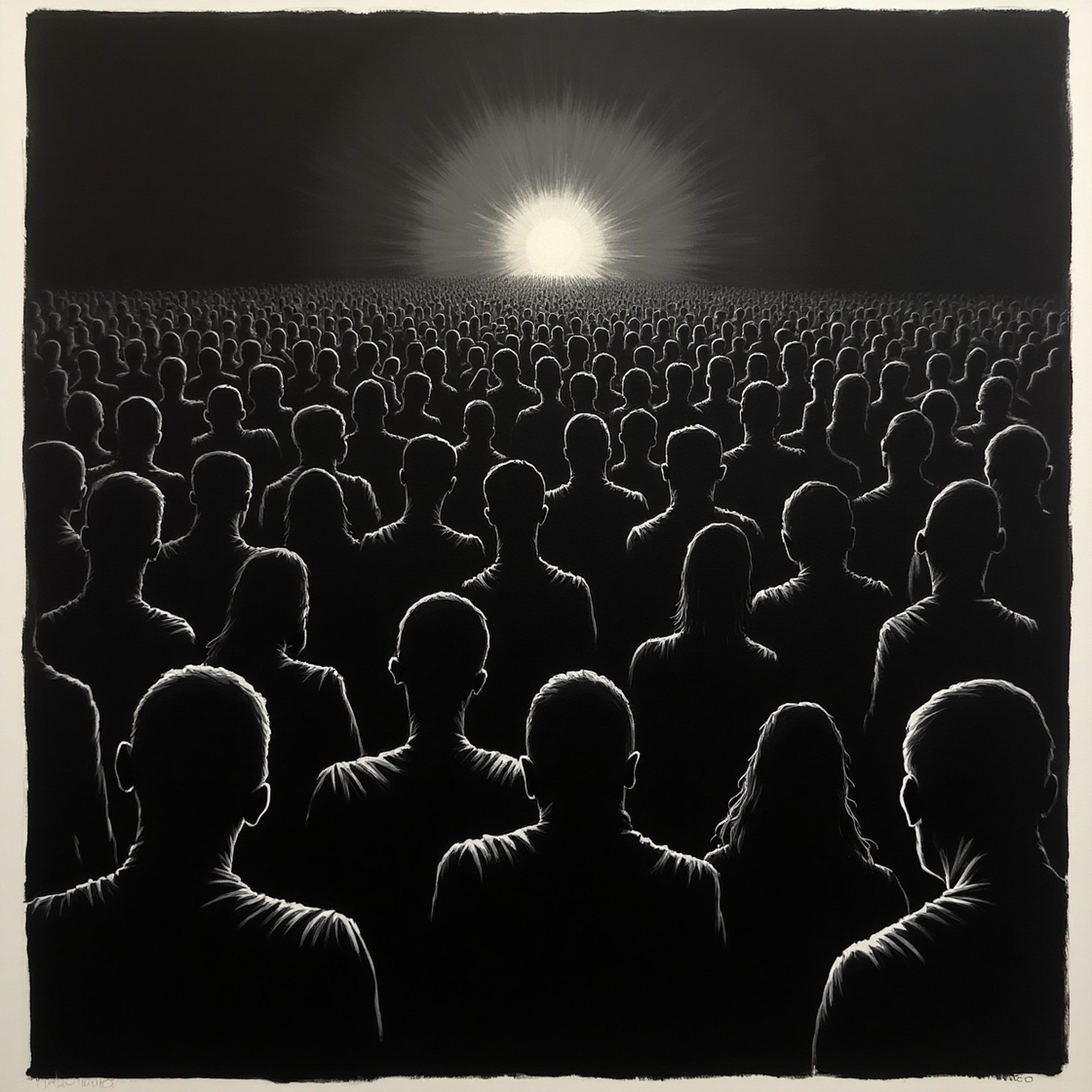 expressionistic image of the back of a group of Black people looking towards and facing a glowing light in the background