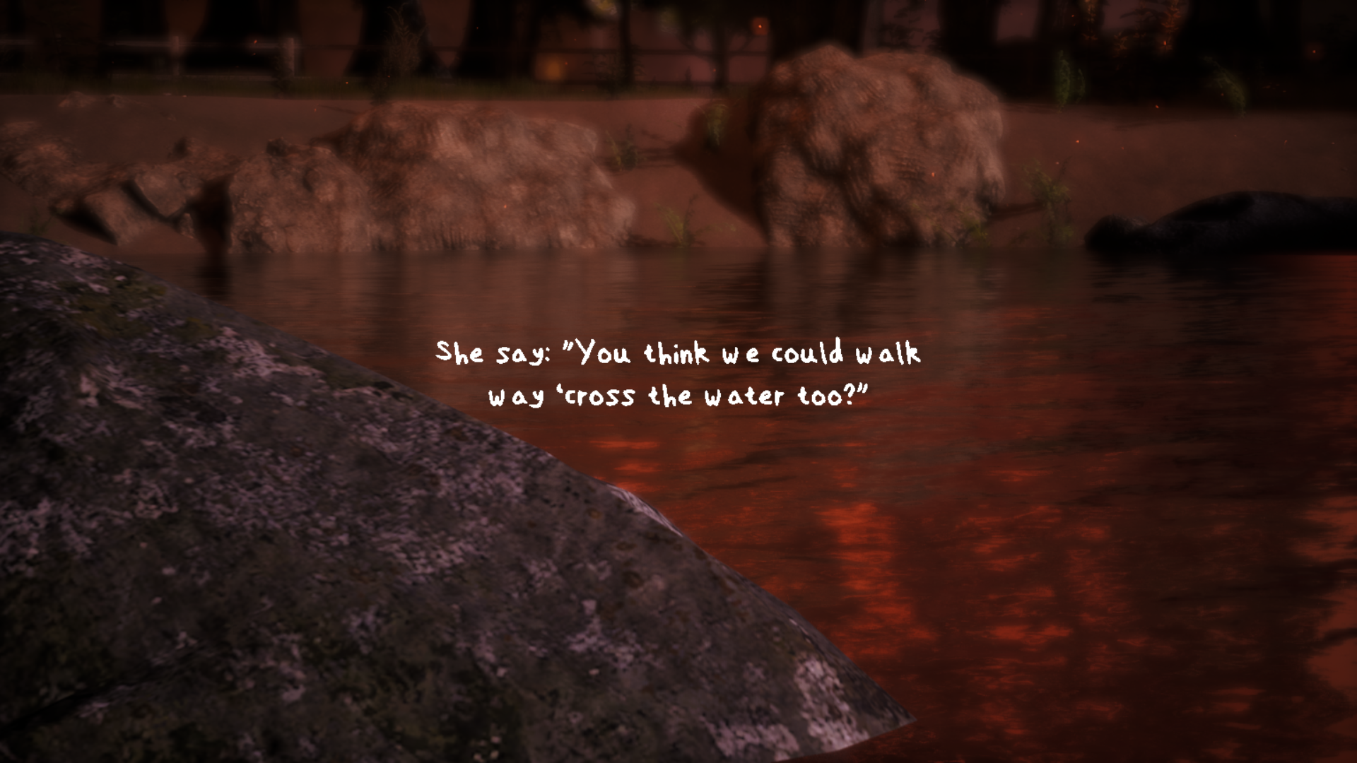 Coded Black gameplay screenshot showing a close up of water and narration text.
