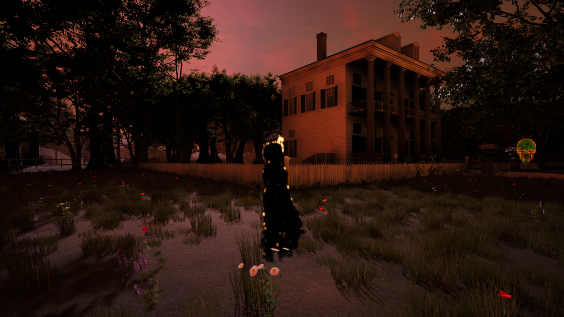 Coded Black gameplay screenshot showing the outside of a plantation house, a burning figure and a glowing green skull.
