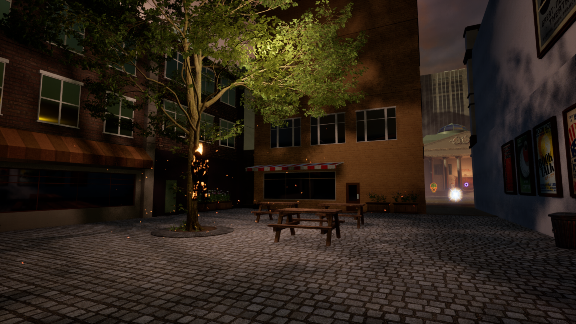 Coded Black gameplay screenshot showing a city scene with a burning figure hanging from a tree.
