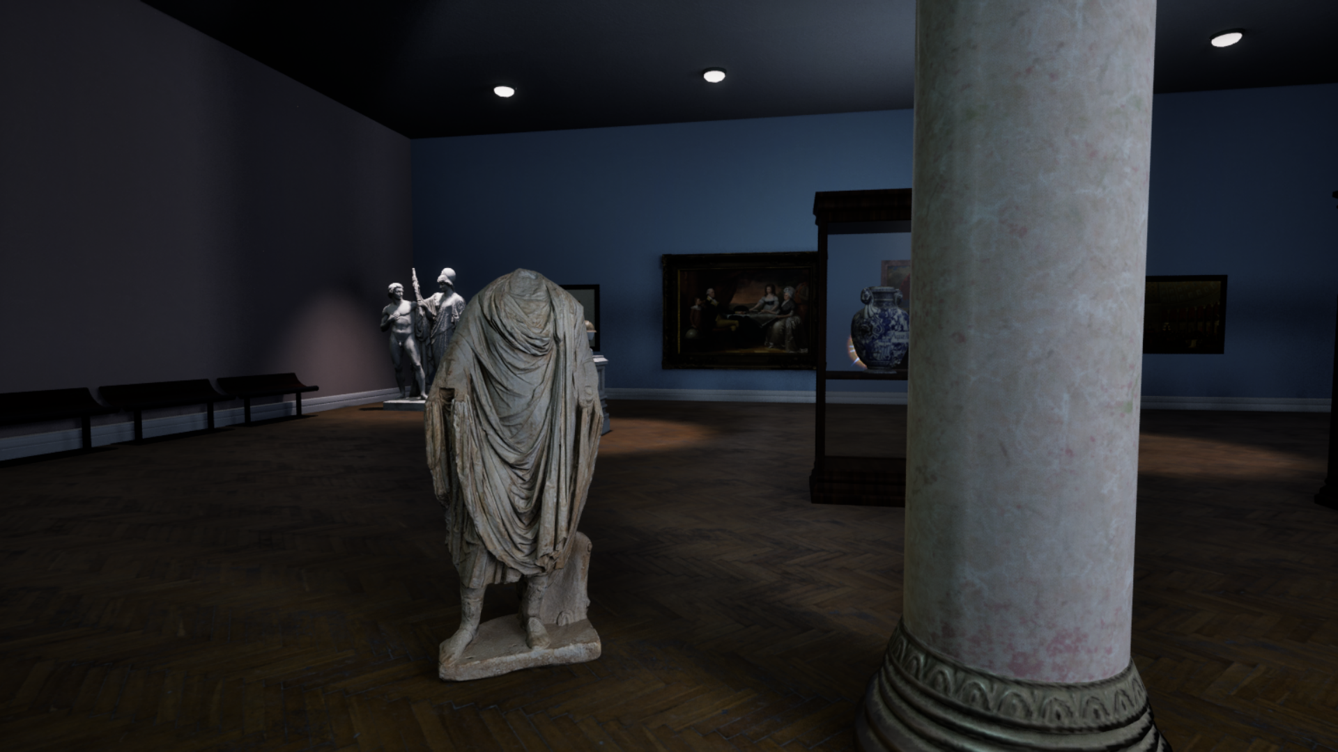 Coded Black gameplay screenshot showing a museum exhibition with white statues.