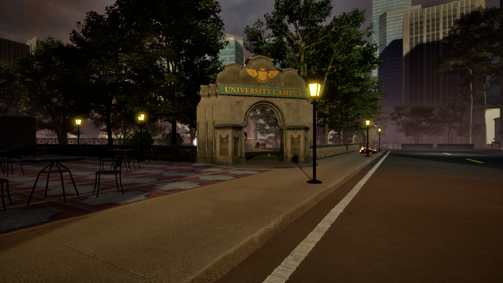 Coded Black gameplay screenshot showing a city university campus. A burning figure is on the pavement in the background.