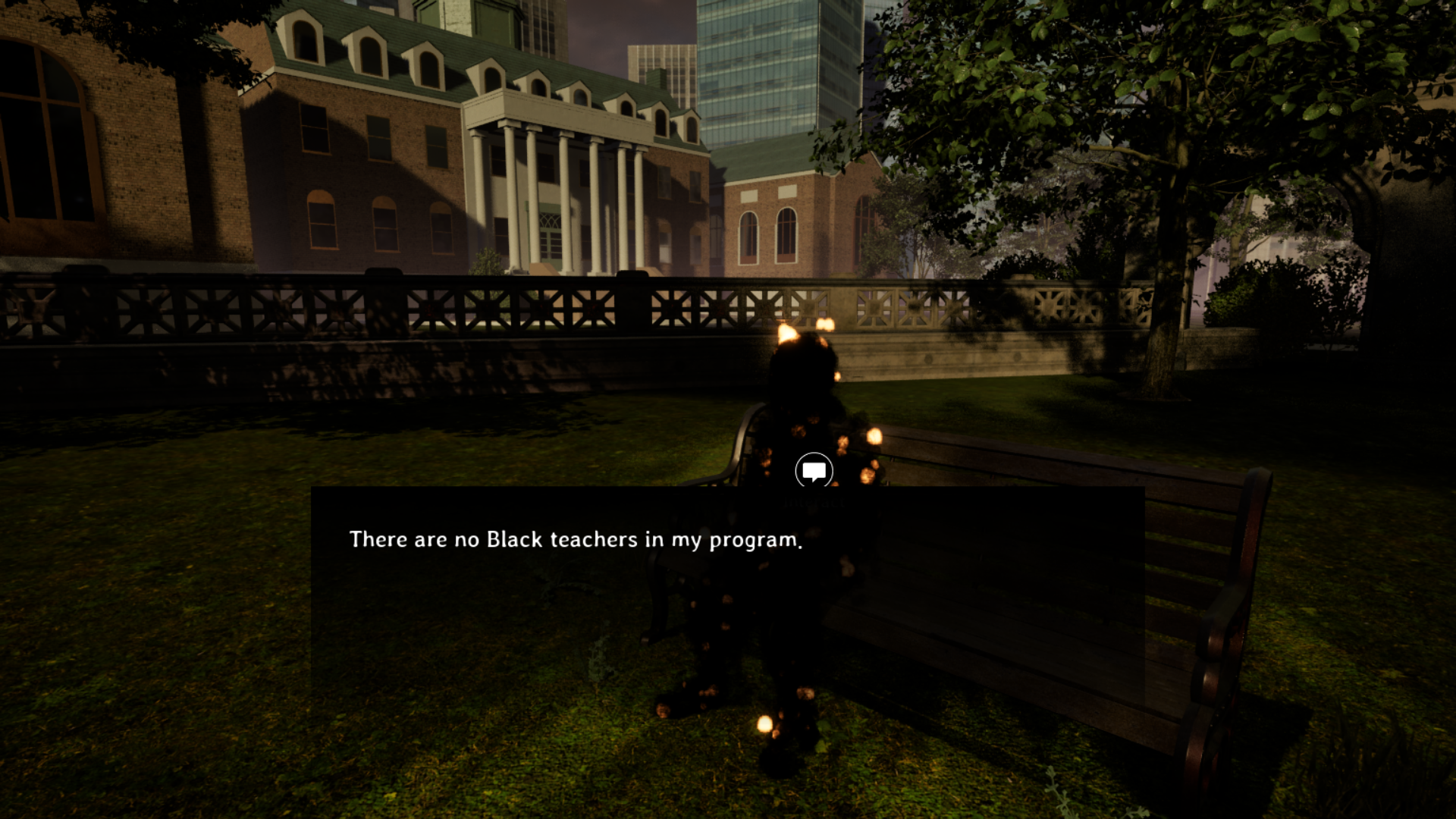 Coded Black gameplay screenshot showing a glowing figure in a city park with their speech text.