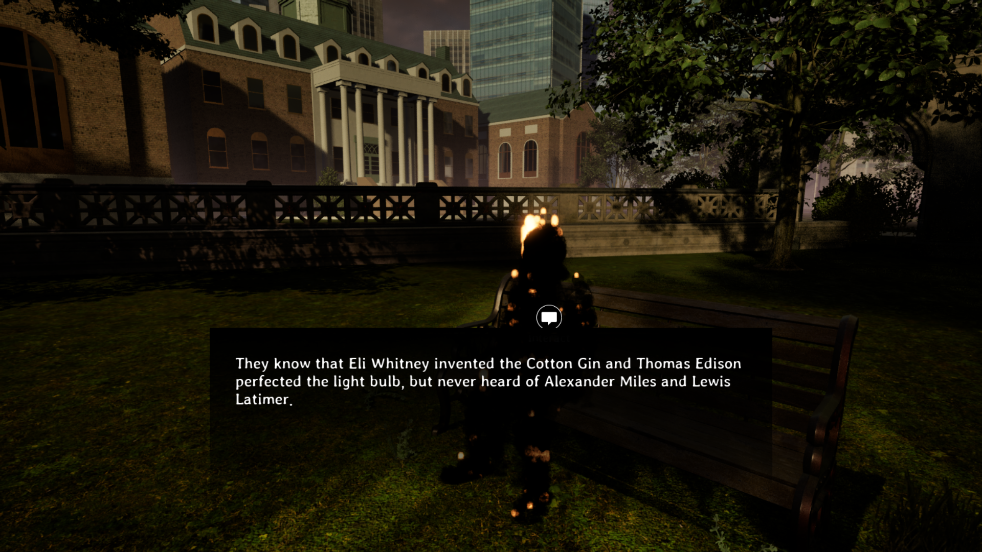 Coded Black gameplay screenshot showing a burning figure in a park scene with their speech text.
