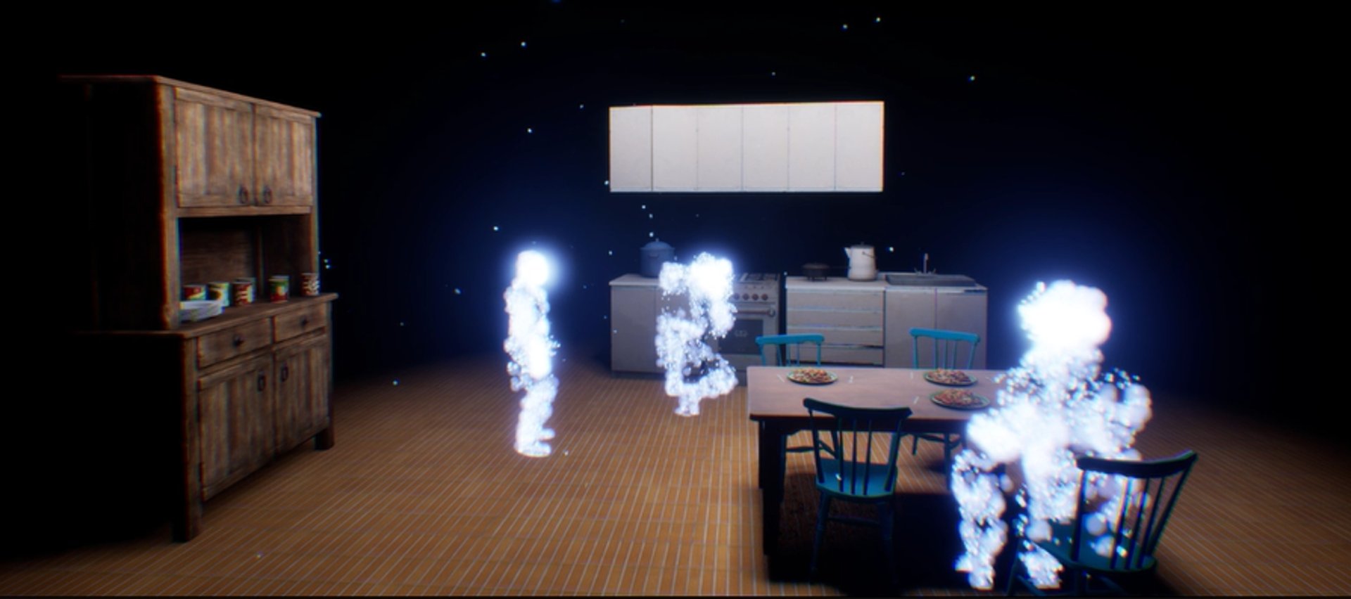 Coded Black gameplay screenshot showing a kitchen scene with a family who are glowing figures.