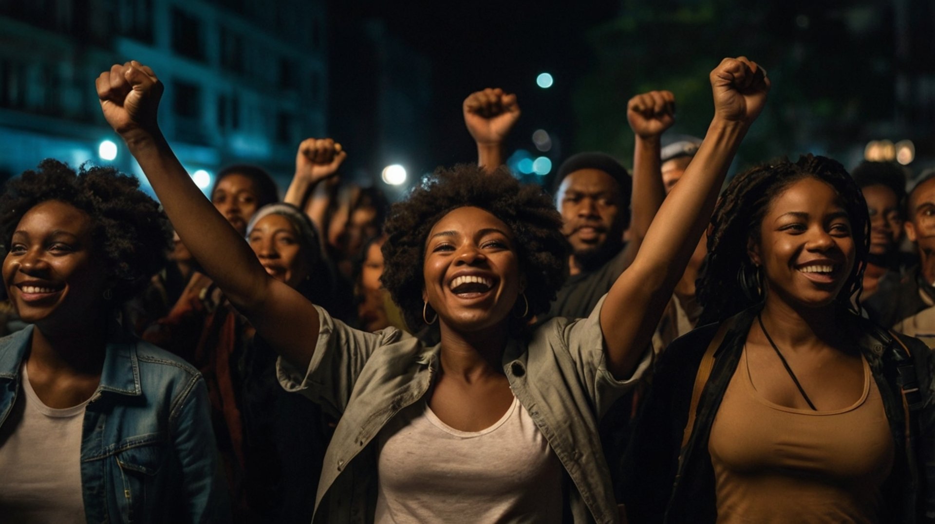Group of joyful Black people smiling and raising their arms in celebration