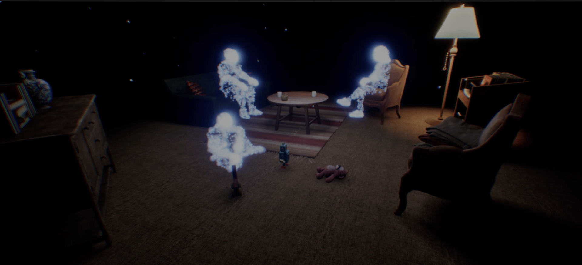 Coded Black gameplay screenshot showing a living room with a three glowing figures sat talking and playing.