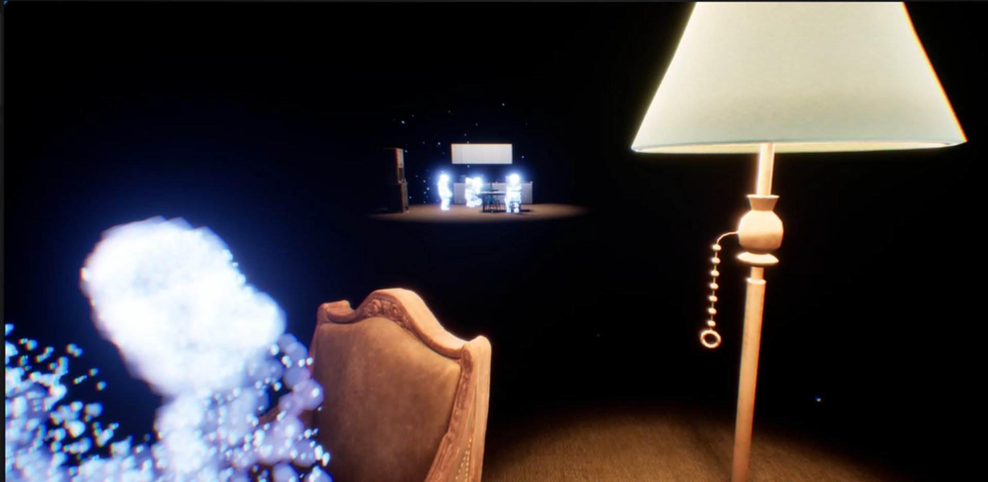 Coded Black gameplay screenshot showing a glowing figure on a chair and a glowing family sat in a kitchen in the background.