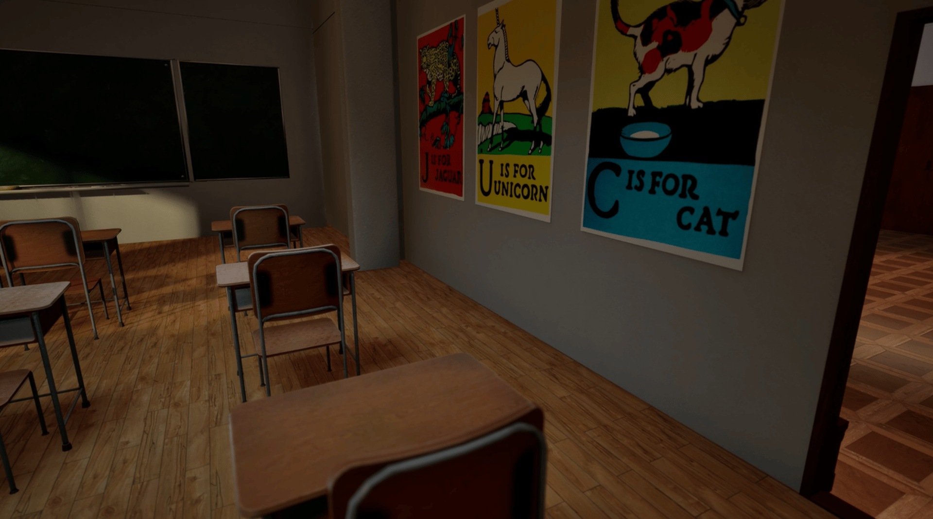 Coded Black gameplay screenshot showing a classroom with desks, chairs, a blackboard and educational posters.