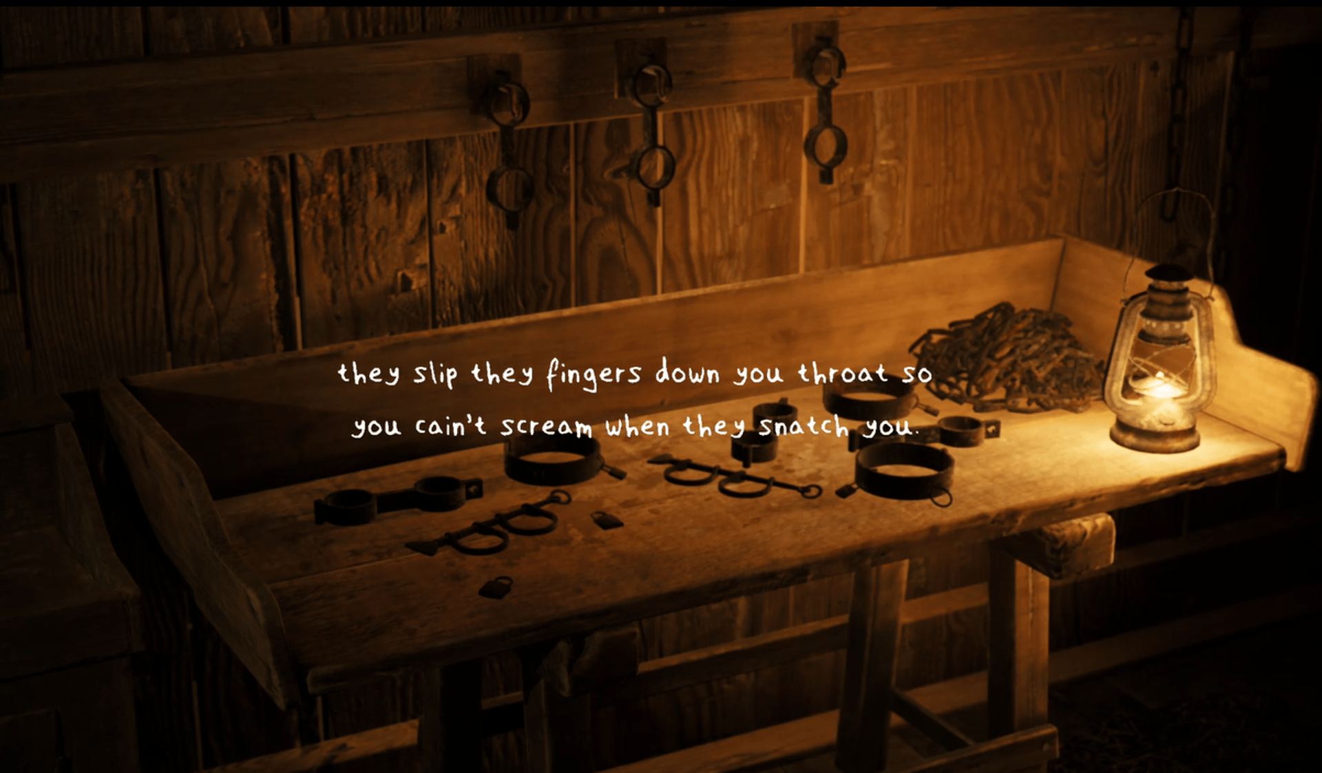 Coded Black gameplay screenshot showing a table with metal instruments and narration text.