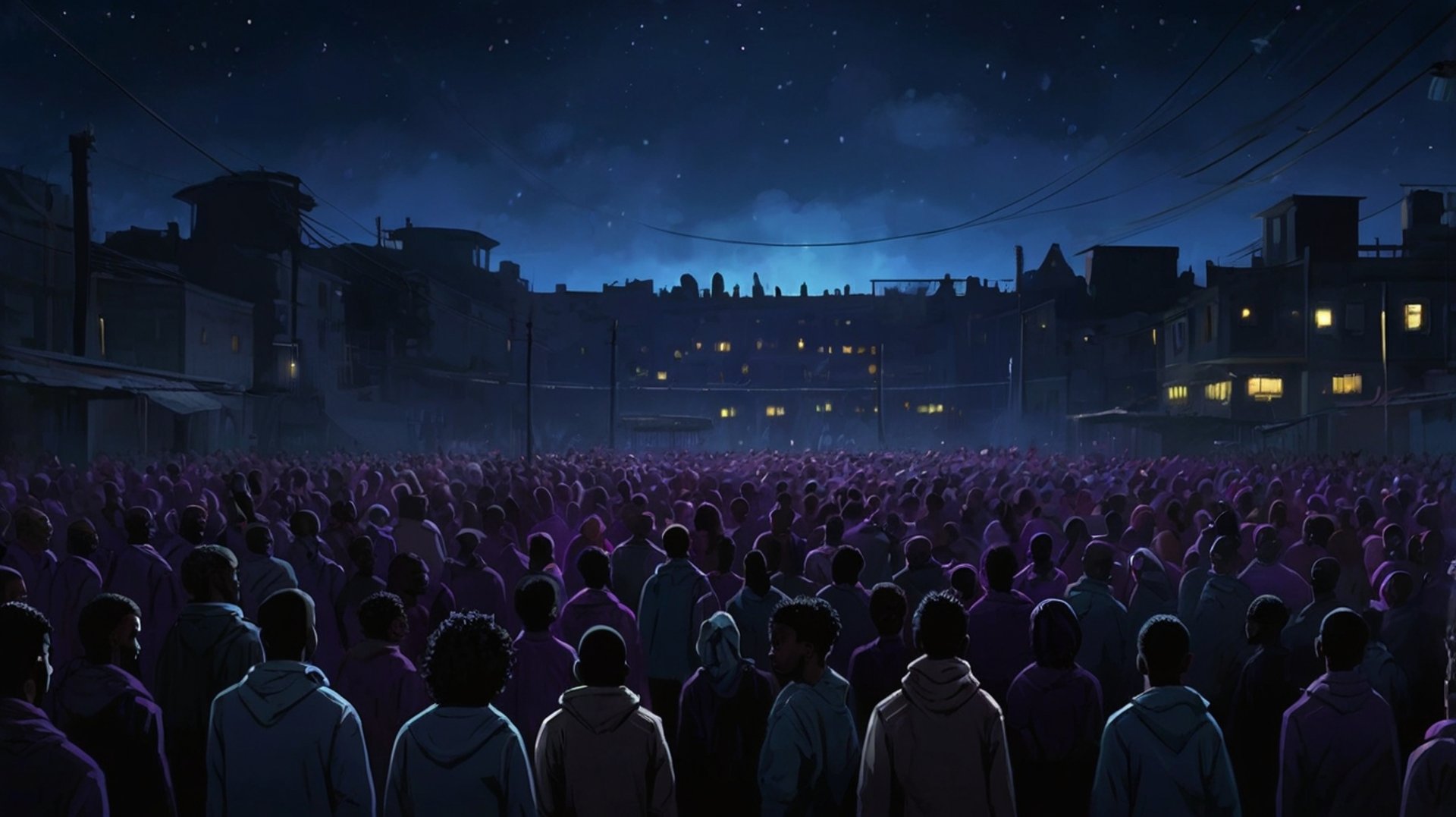 Group of Black people at night filling the streets and looking at a city.