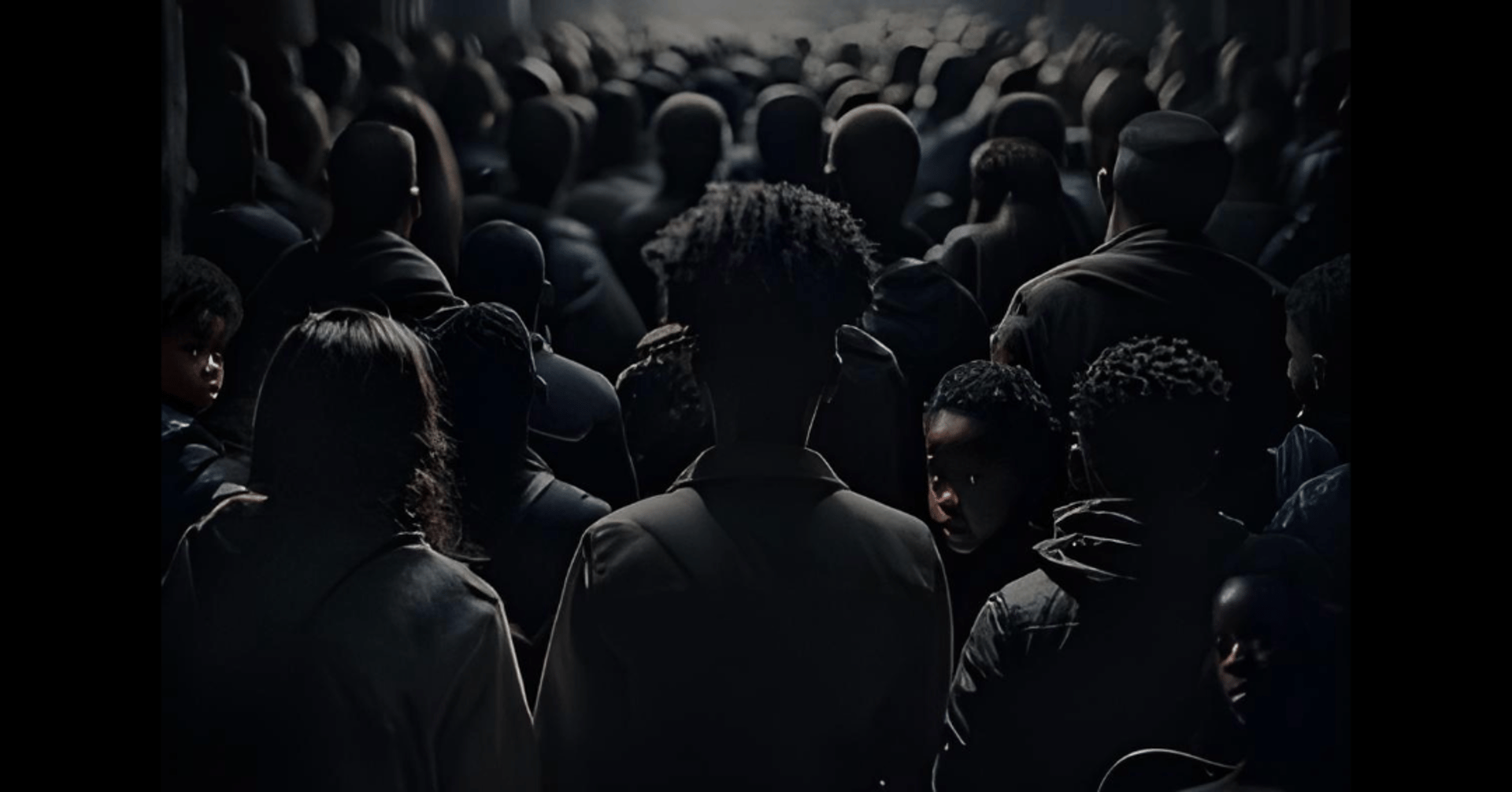 The back of a group of Black people mostly facing forward but with some looking back at you