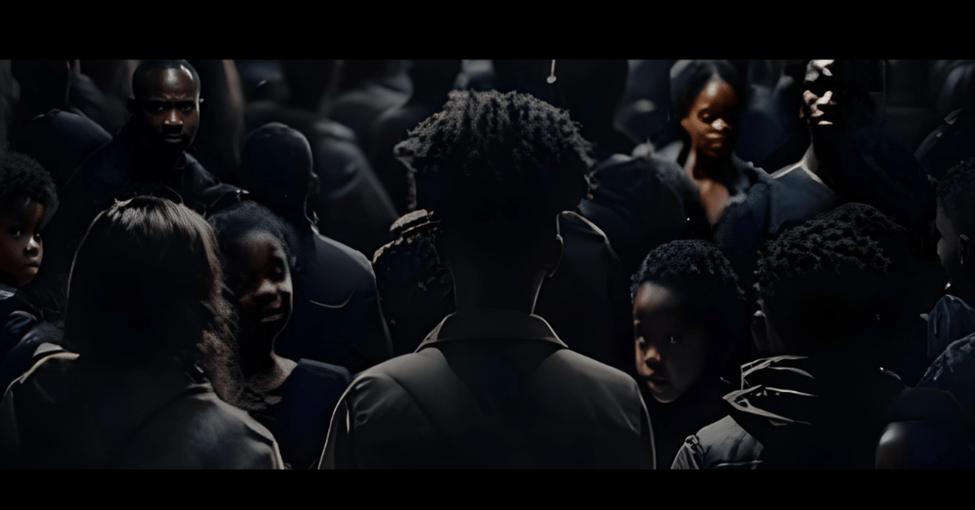 group of Black people some facing forward some facing backwards and some looking back over their shoulders